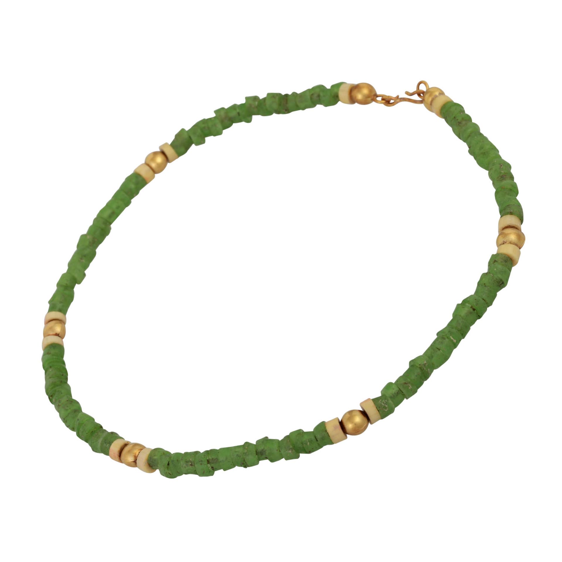Designer Collier aus grünen Glasperlen in Scheibenform,12 Scheiben vermutl. aus Bein und - Bild 3 aus 4