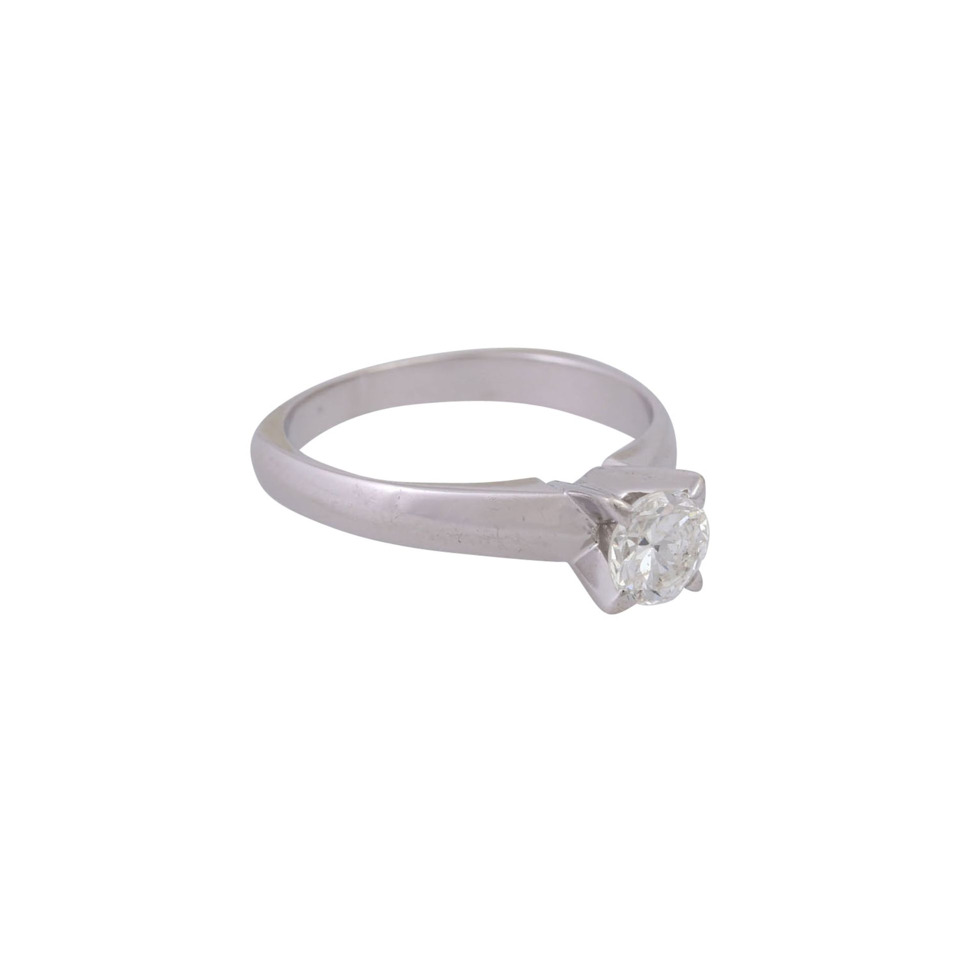 Solitärring mit Brillant, ca. 0,6 ct, GW (L)/P2,Facettkanten berieben, WG 14K, RW 56, 2. H. 20. Jh., - Bild 2 aus 4