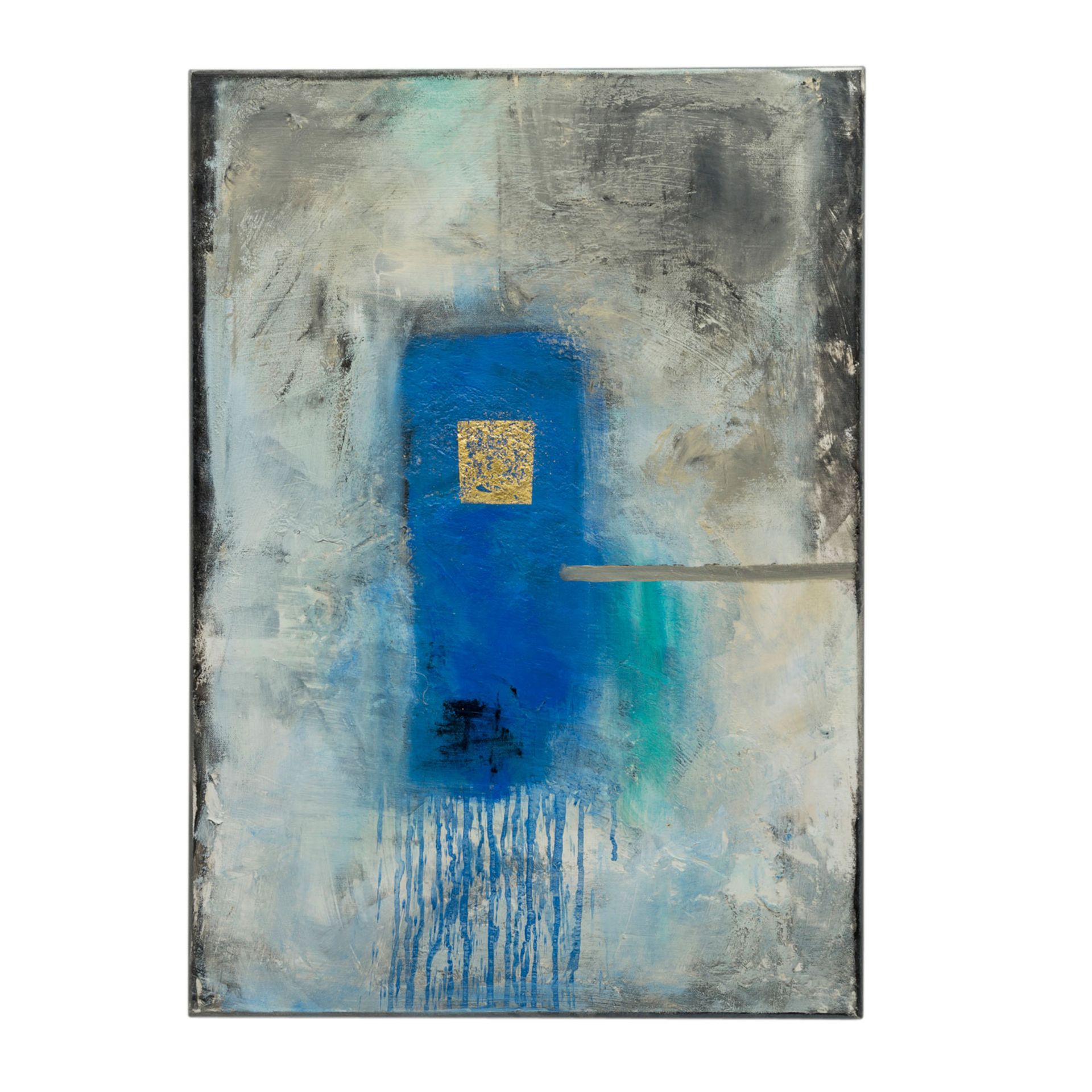 KÜNSTLER/IN des 20./21. Jh., "Ohne Titel",abstrakte Komposition mit goldenem Quadrat auf blauem - Bild 2 aus 3