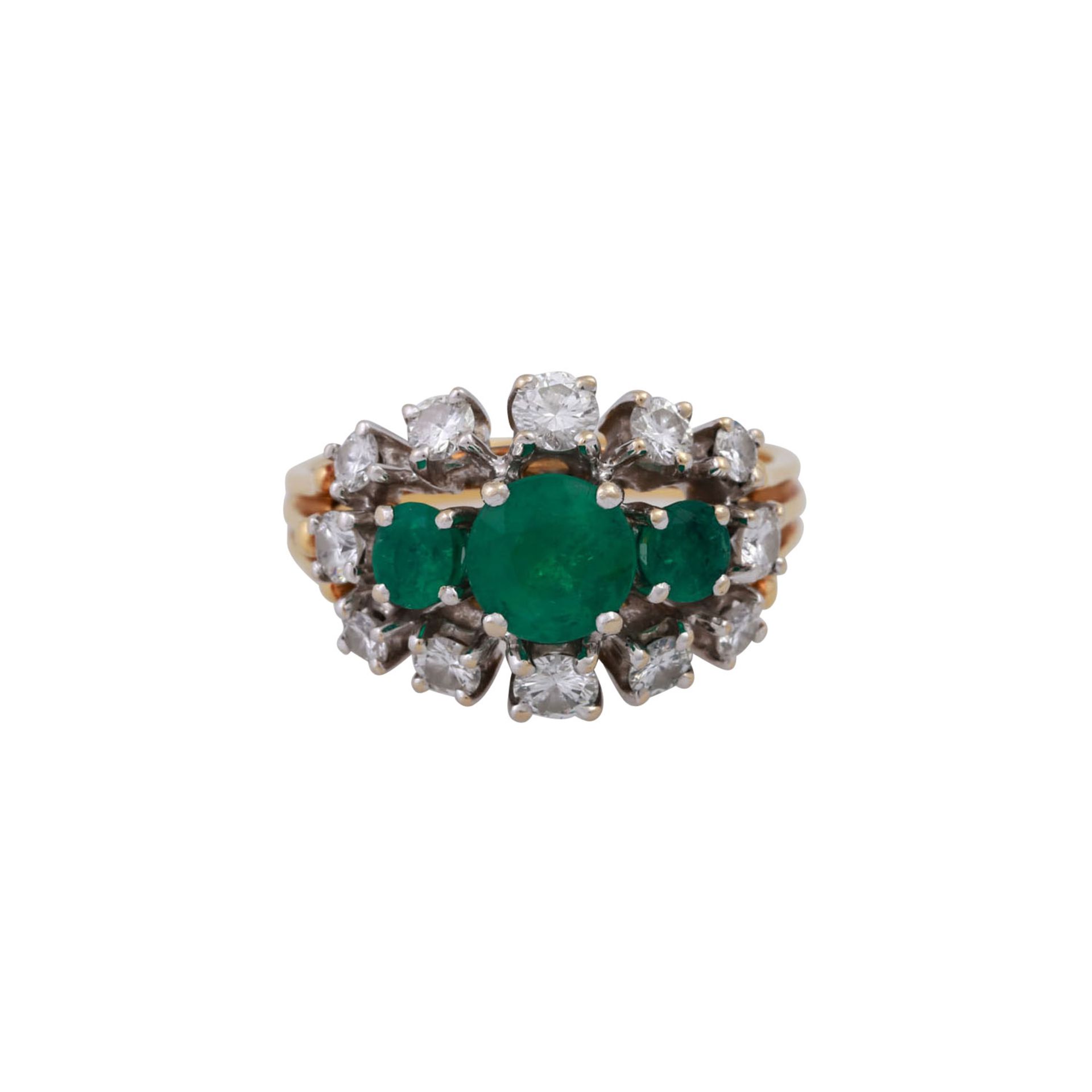 Ring mit 3 Smaragden und 12 Brillanten, zus. ca. 1 ct,guter Farb- und Reinheitsgrad, Anordnung im