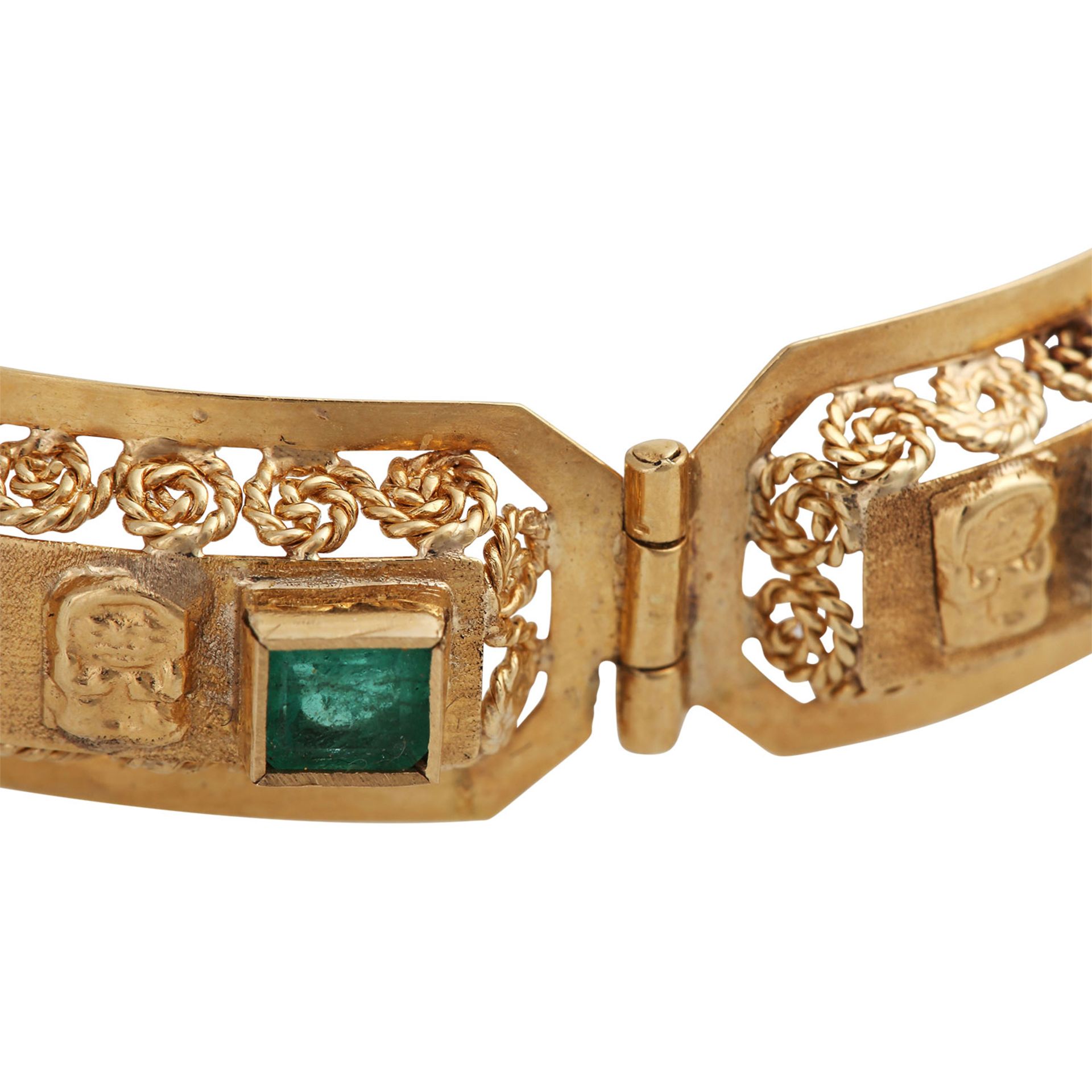 Armband mit 10 Smaragdenin GG 14 K. LxB: ca. 17,5x1,1 cm. Tragespuren, Smaragde tlw. leicht best. - Bild 4 aus 4
