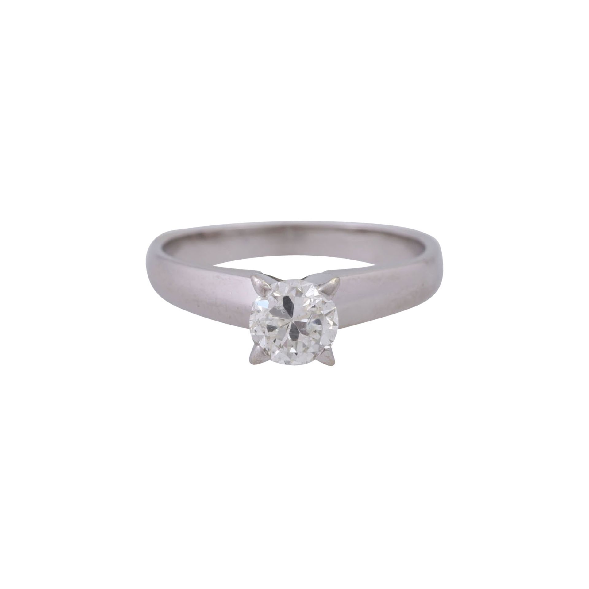 Solitärring mit Brillant, ca. 0,6 ct, GW (L)/P2,Facettkanten berieben, WG 14K, RW 56, 2. H. 20. Jh.,