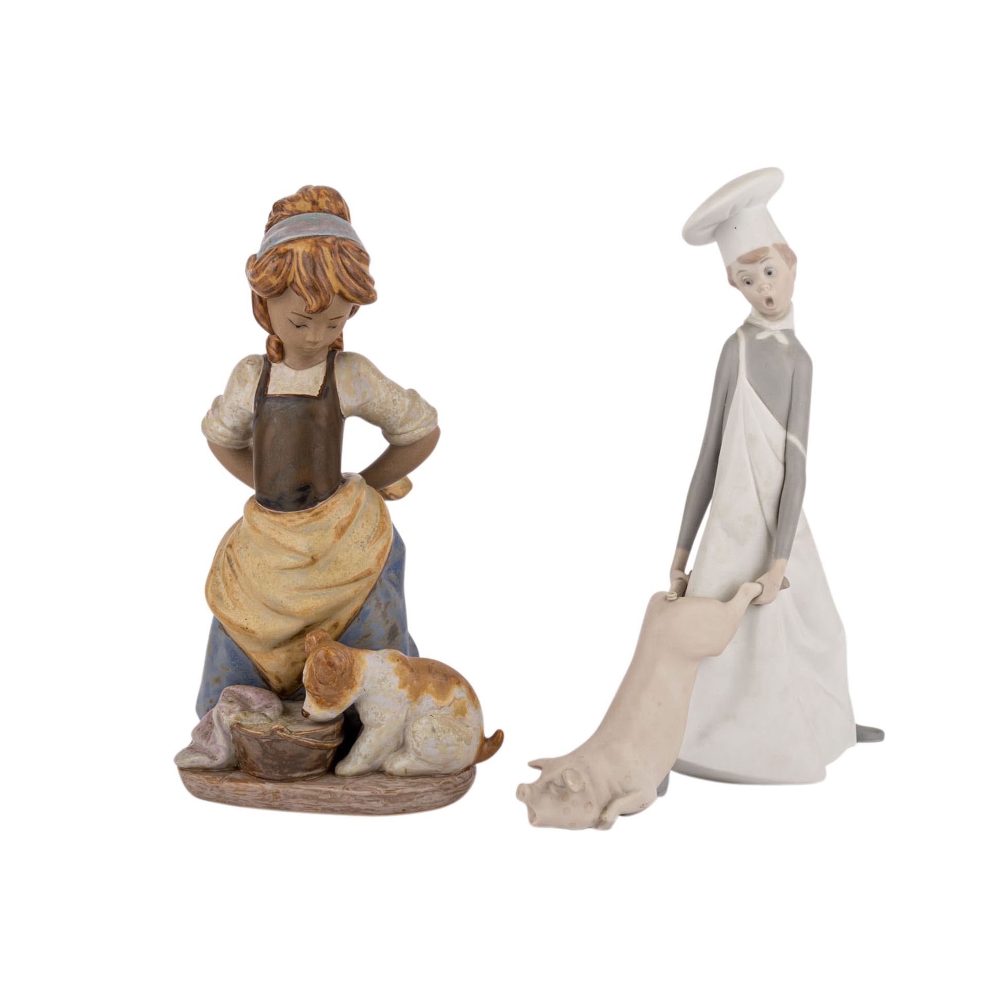 LLADRO 2 Figuren, 20. Jh..1 Figur 'Junger Koch mit Schwein', H. ca. 24,5cm und 1 Figur 'Mädchen