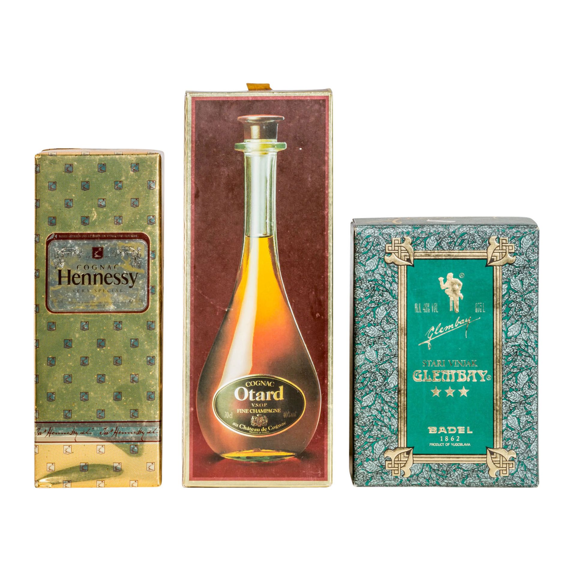 Konvolut 3 Flaschen Cognac HENNESSY / OTARD / GLEMBAY,40 % / 43% Vol., 700 ml / 750 ml, in