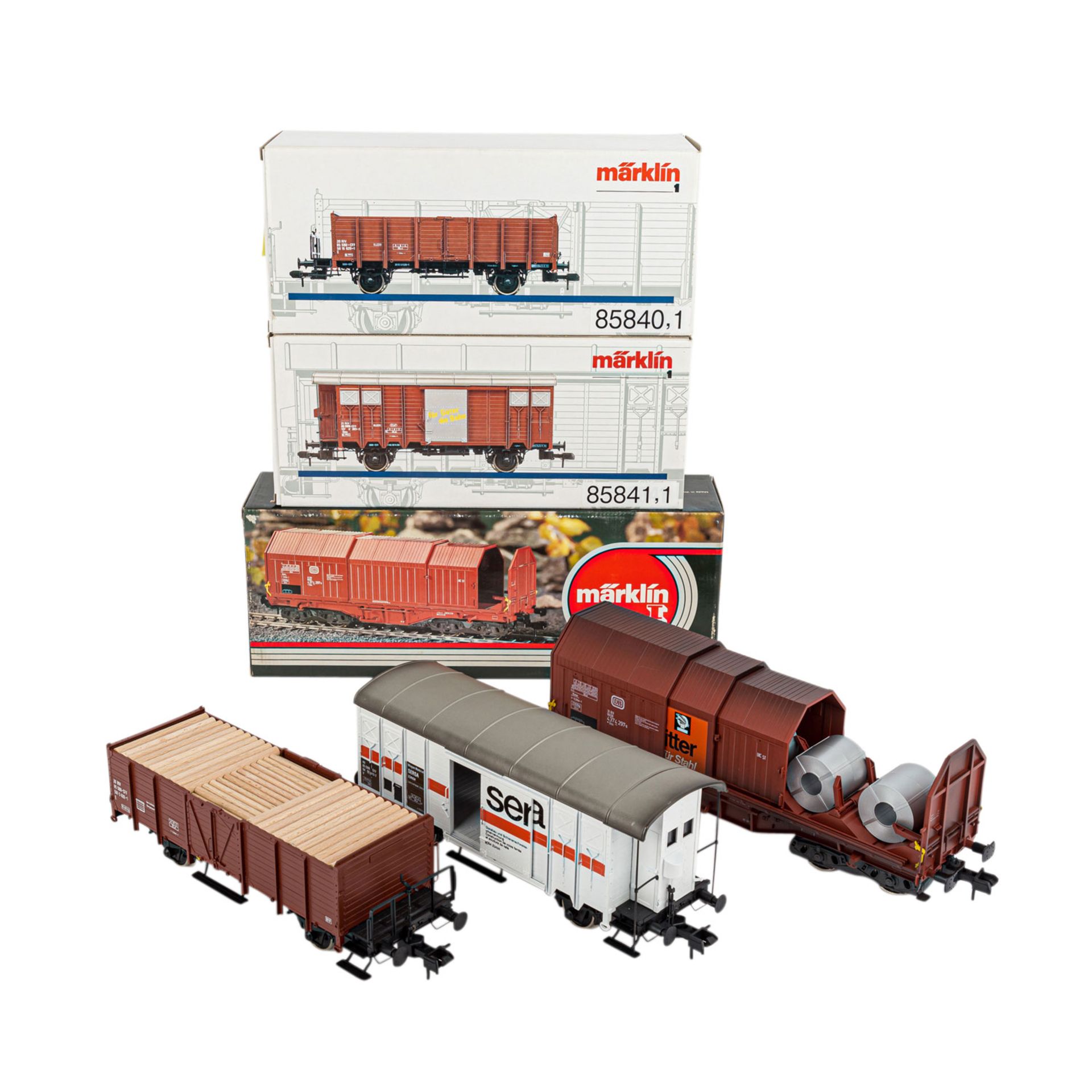 MÄRKLIN Konvolut von 3 Güterwagen, Spur 1,bestehend aus 85840, 1, offener Güterwagen mit Holzladung,