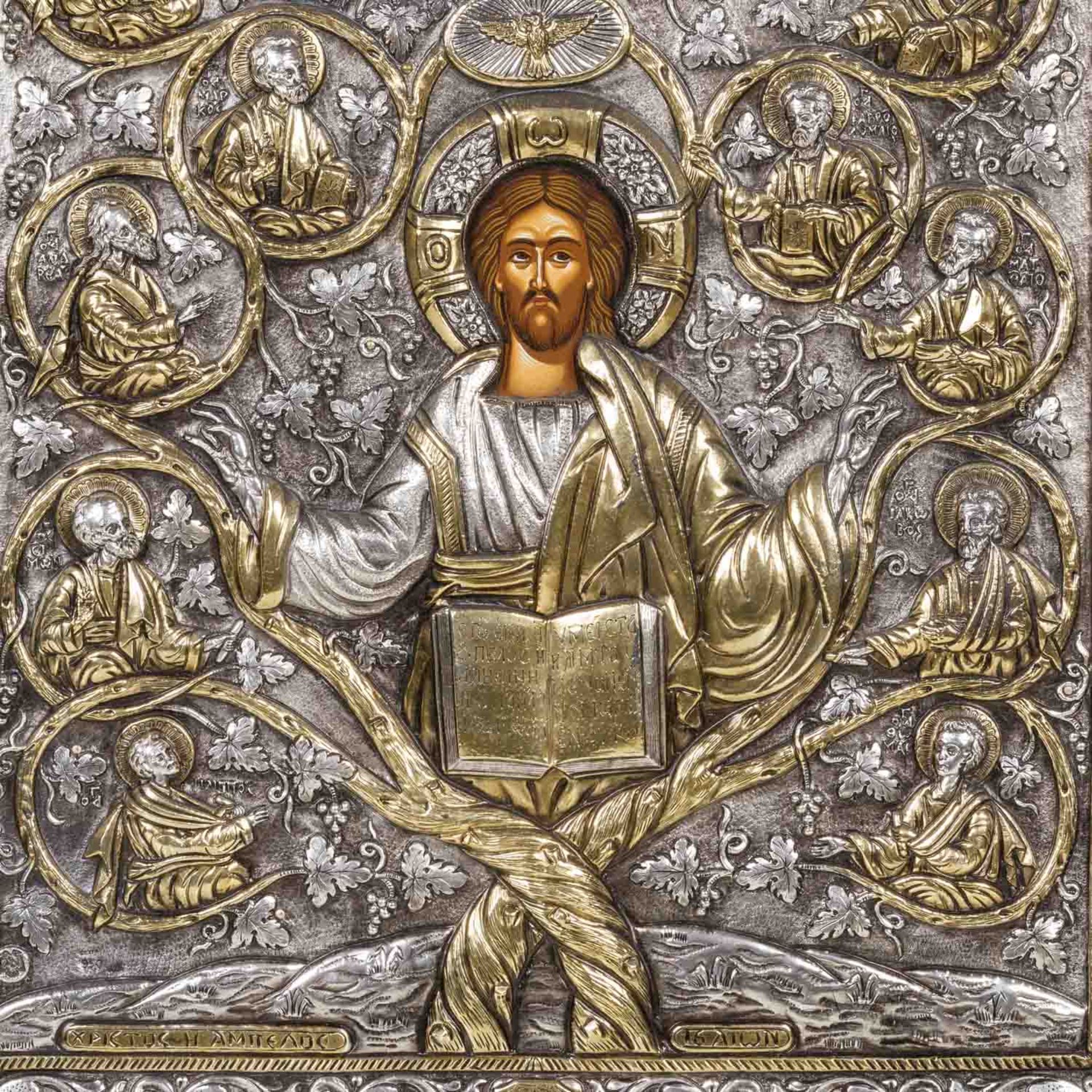 IKONE "Ambelos (Wurzel Jesse)", mit Silberoklad, Griechenland 20. Jh., nach byzantinischem Vorbild, - Bild 2 aus 4