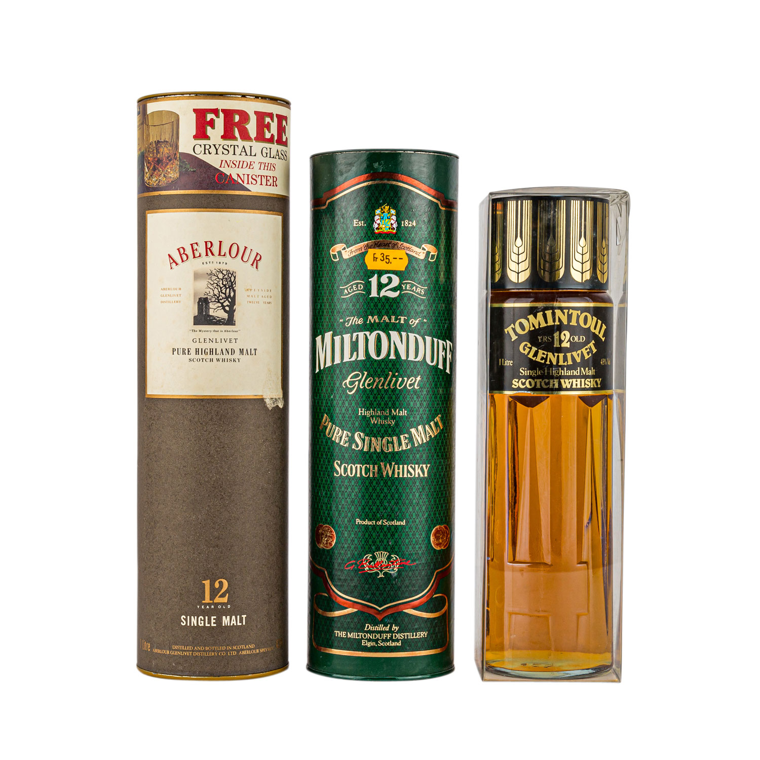 3 Flaschen Single Malt Scotch Whisky ABERLOUR 12 years / MILTONDUFF 12 years / TOMINTOUL 12