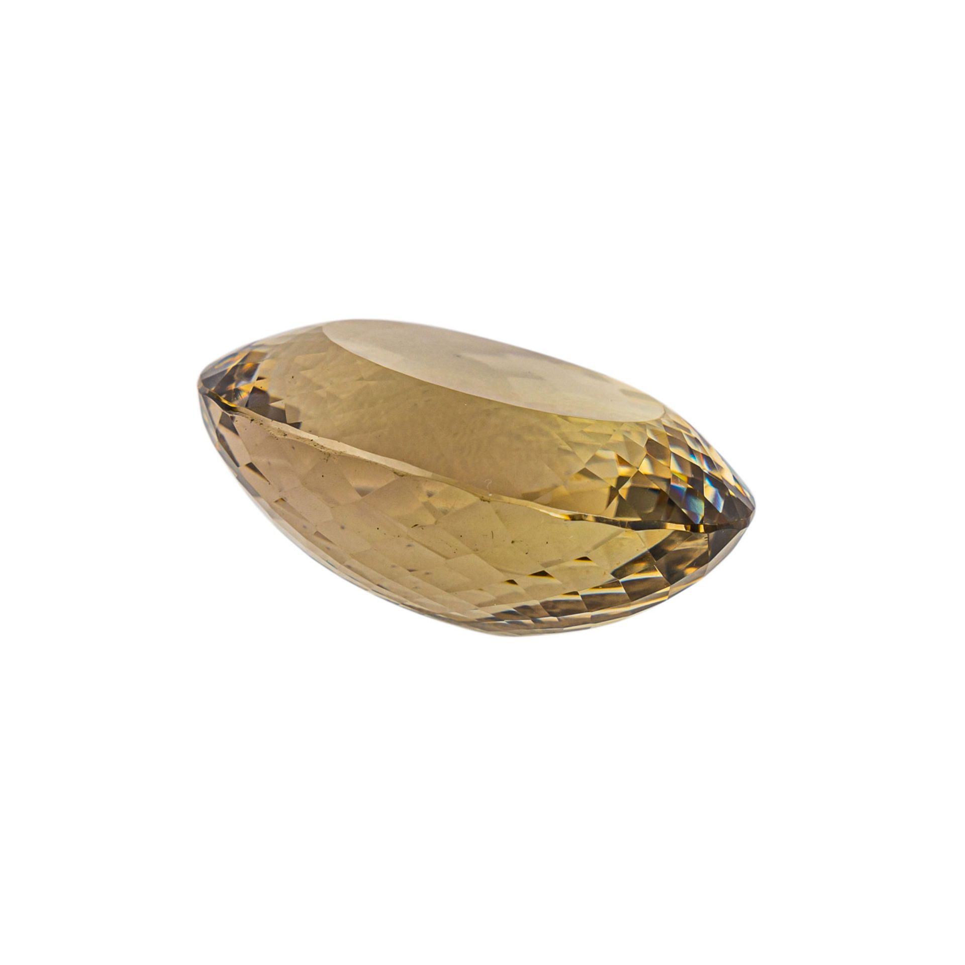 Loser Citrin, ca. 190 ct.,43 x 34 x 19 mm, leicht bestossen. Oval Schliffvariation.Losse Citrine, - Bild 2 aus 4