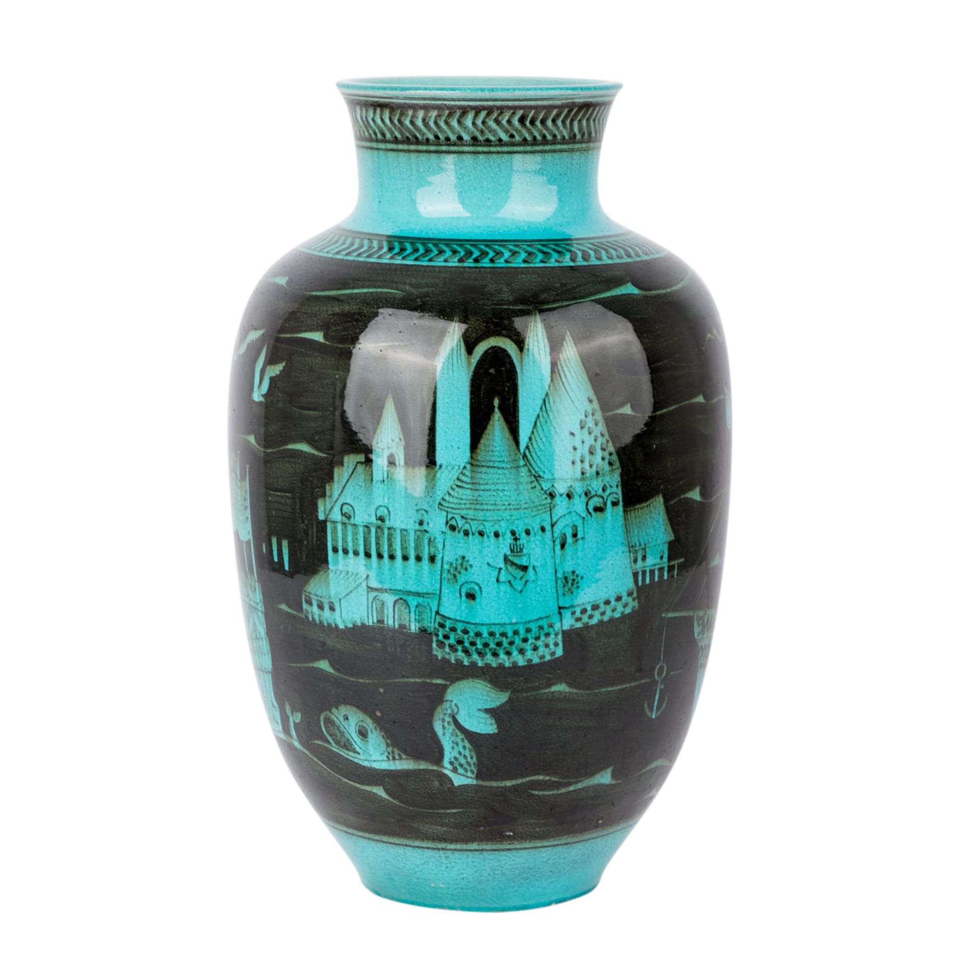 KARLSRUHER MAJOLIKA Bodenvase, wohl 1930er Jahre.Roter Scherben mit türkisfarbener und schwarzer