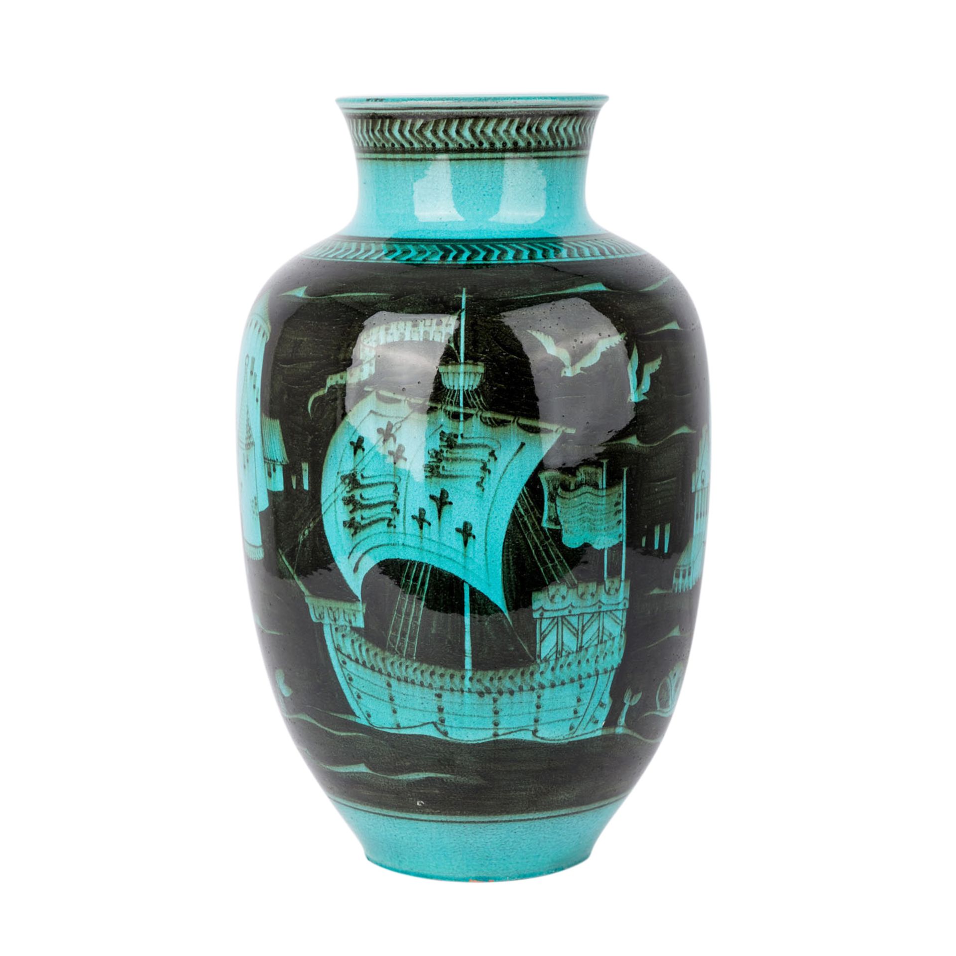 KARLSRUHER MAJOLIKA Bodenvase, wohl 1930er Jahre.Roter Scherben mit türkisfarbener und schwarzer - Bild 3 aus 6