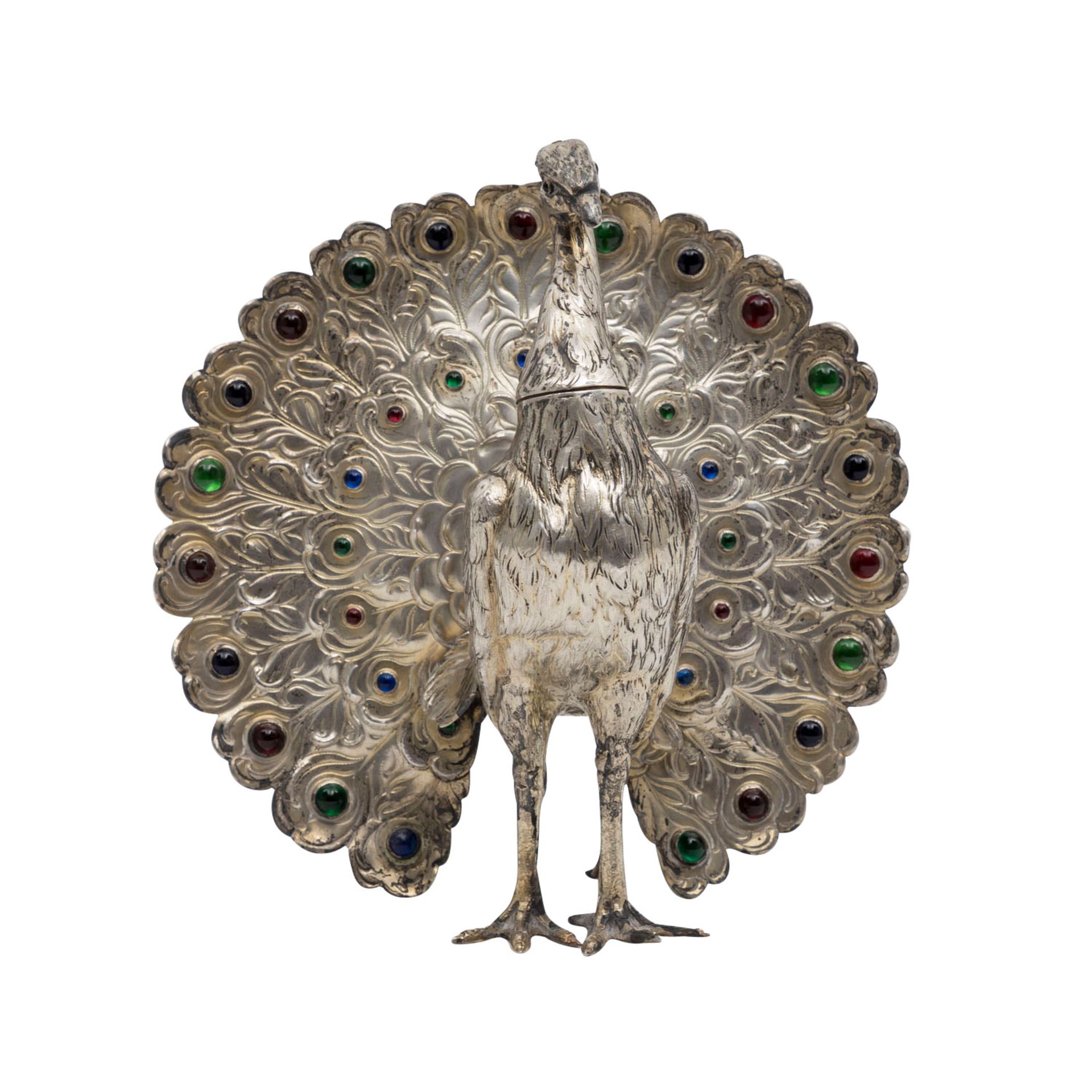 Pfauenfigur / Gefäss,am Hals abschraubbar, Pfauenrad mit vers. Glassteinen besetzt, Marken: 800, - Bild 2 aus 5