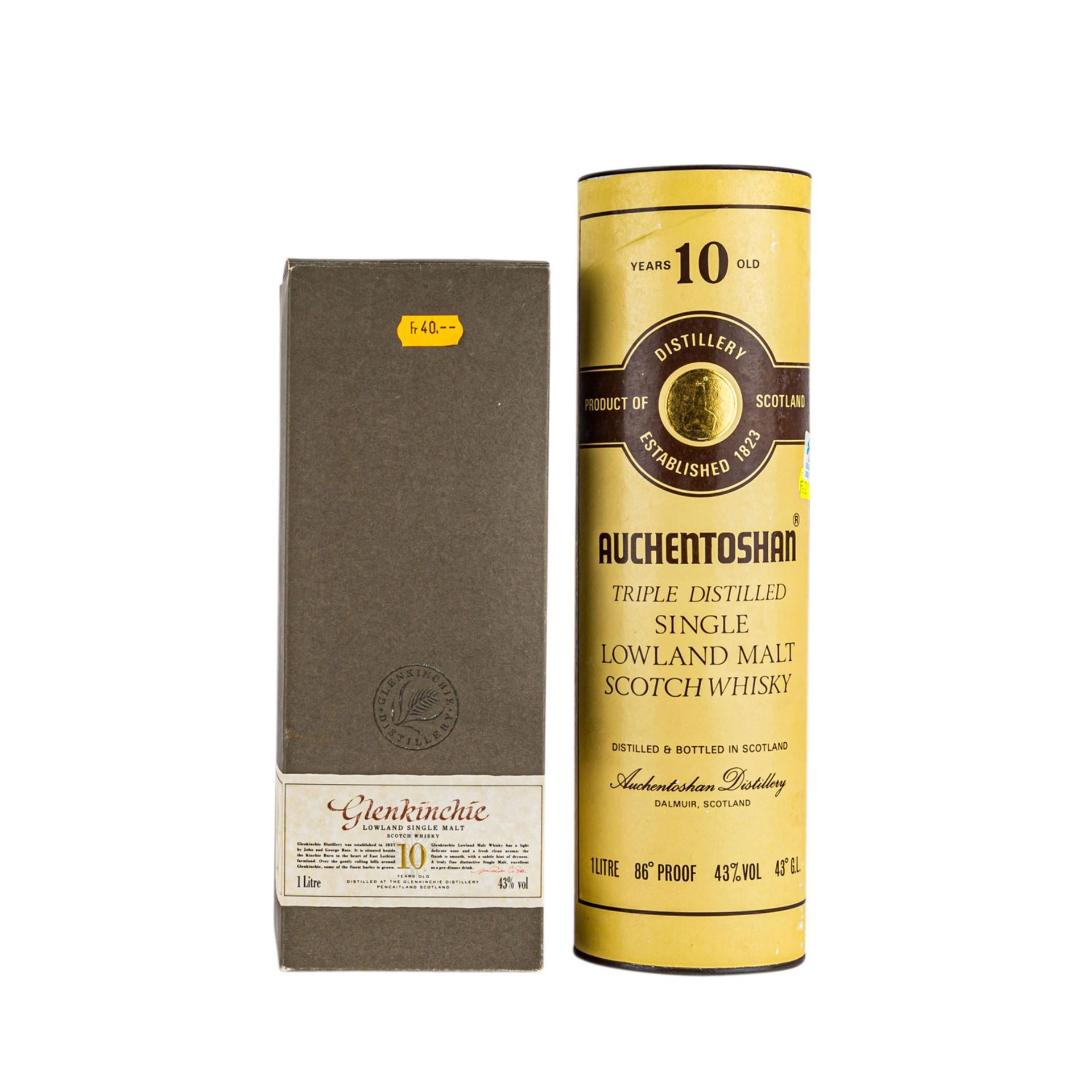 2 Flaschen Single Malt Scotch Whisky GLENKINCHIE 10 years / AUCHENTOSHAN 10 yearsRegion: Lowlands,