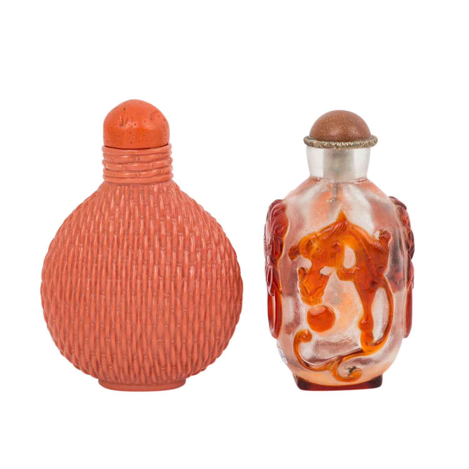 Sieben snuff bottle. CHINA, 19./20. Jh..Aus Glas, Überfangglas, Rosenquarz und Rotlack, H: 6-9,5 cm. - Image 3 of 7
