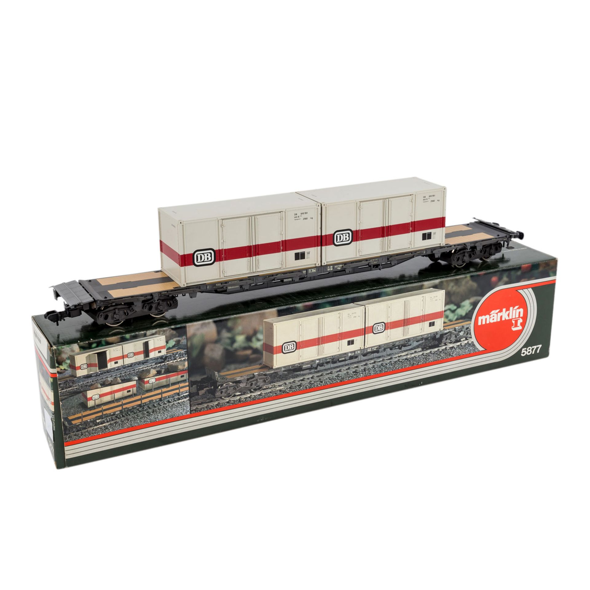 MÄRKLIN Großcontainer-Tragwagen 5877, Spur 1,beladen mit 2 Containern, rot-/grau lackiert, I. mit