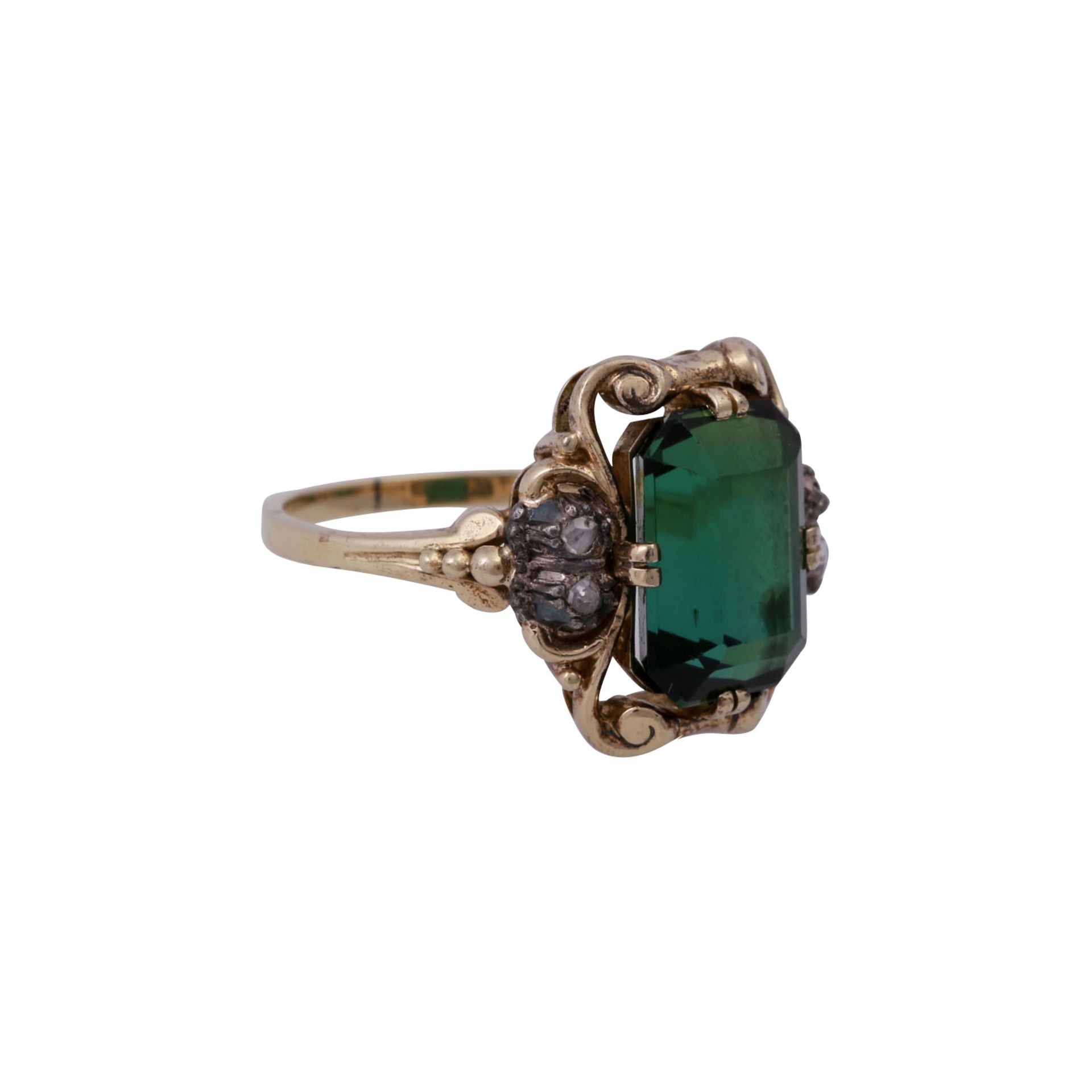 Ring mit grünem Turmalinca. 11,5x8,5 mm, sowie 4 Diamantrosen, GG 14K, Details aus Silber. RW: ca. - Bild 2 aus 4