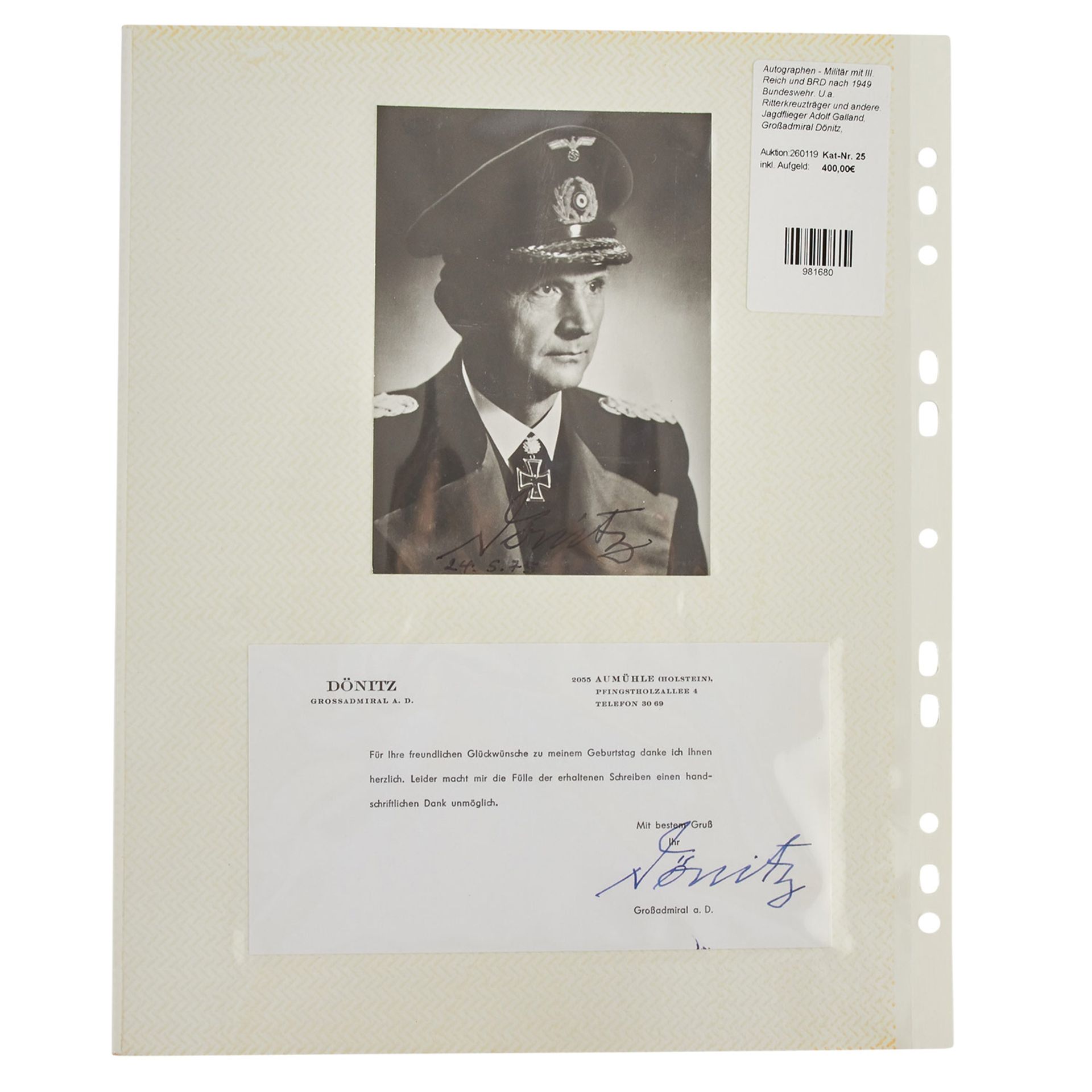 Autographen - Militär mit III. Reich und BRD nach 1949Bundeswehr. U.a. Ritterkreuzträger und andere. - Bild 6 aus 8