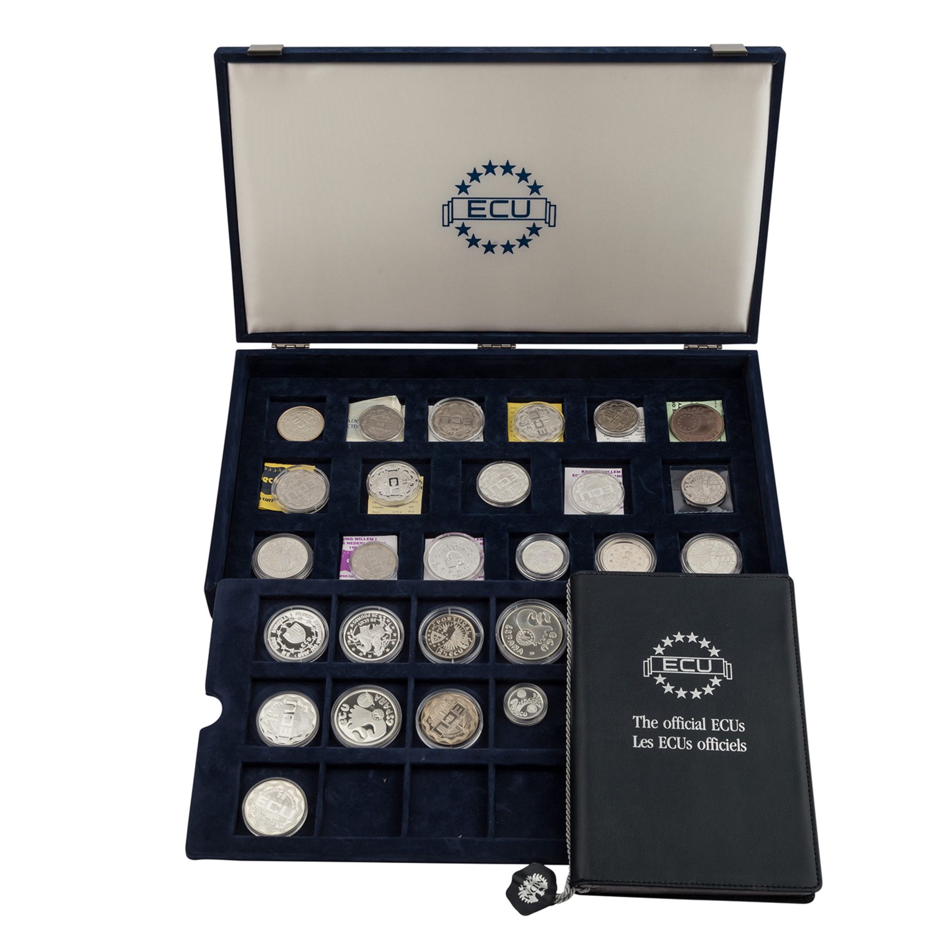 ECU Sammlung - Samtschatulle mit 26 Münzen,überwiegend Niederlande u.a. Silber und nicht Silber.