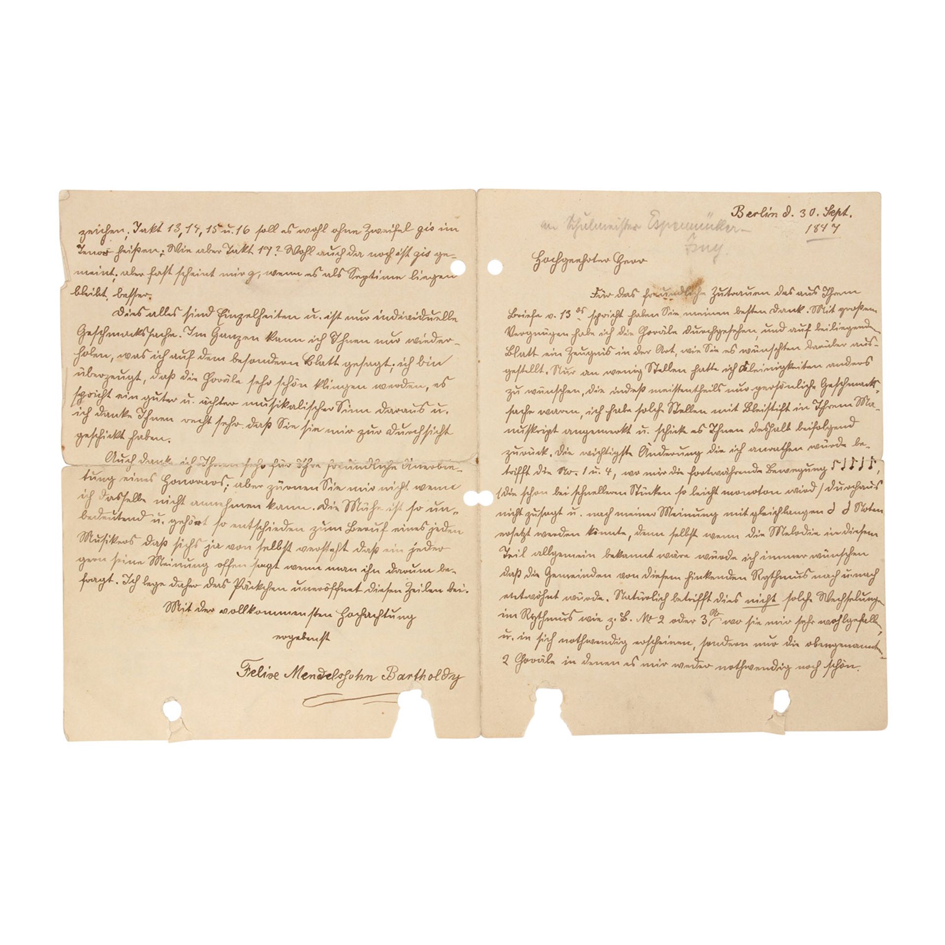 FELIX MENDELSSOHN BARTHOLDY (1809-1847) – Abschrift eines als verschollengeltenden Briefes des - Bild 3 aus 4