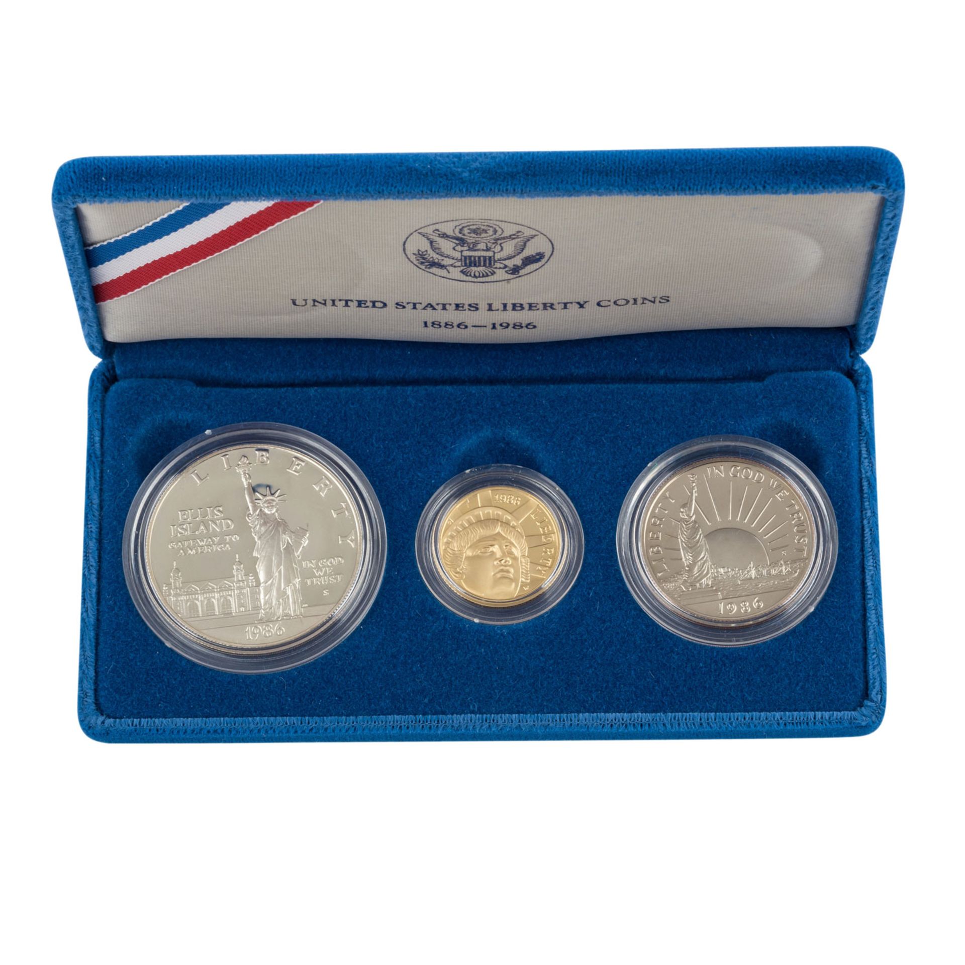 USA Liberty Coin Set - 1986,Half Dollar, Silver Dollar und 5 Dollars in Gold (8,359 gr., 0.900