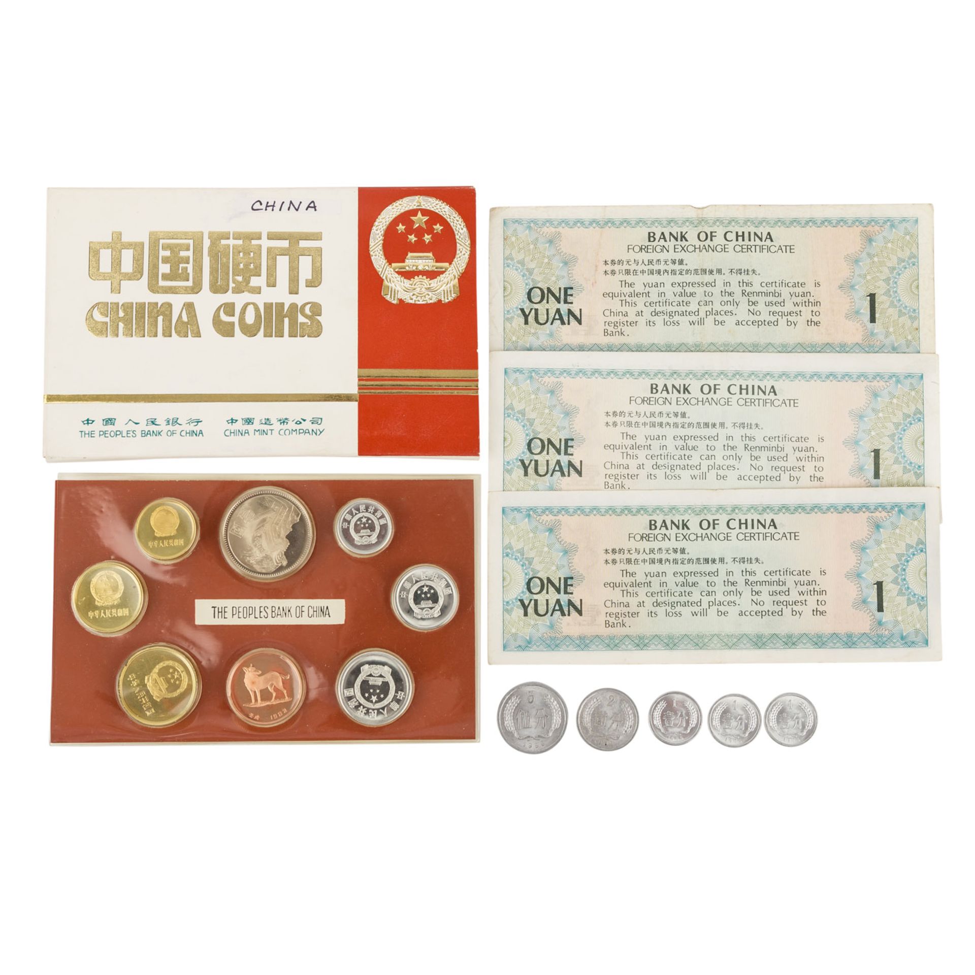 China - Kursmünzensatz 1982 Shanghai Mint,1 Fen bis 1 Yuan, st. Blister etwas lose. Dazu weitere