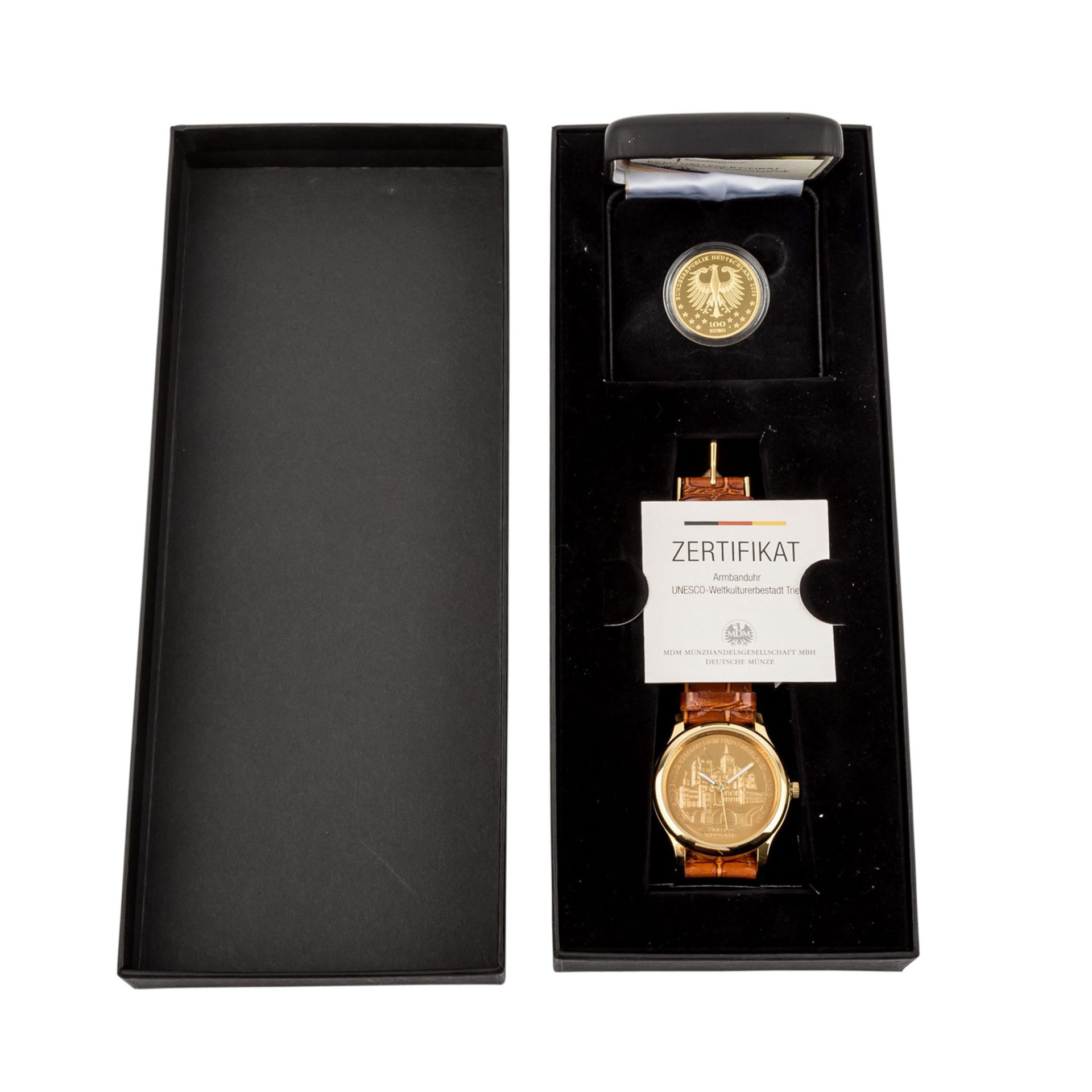 100 Euro Trier + Armbanduhr!1/2 Unze Gold fein in Etui und mit Zertifikat.