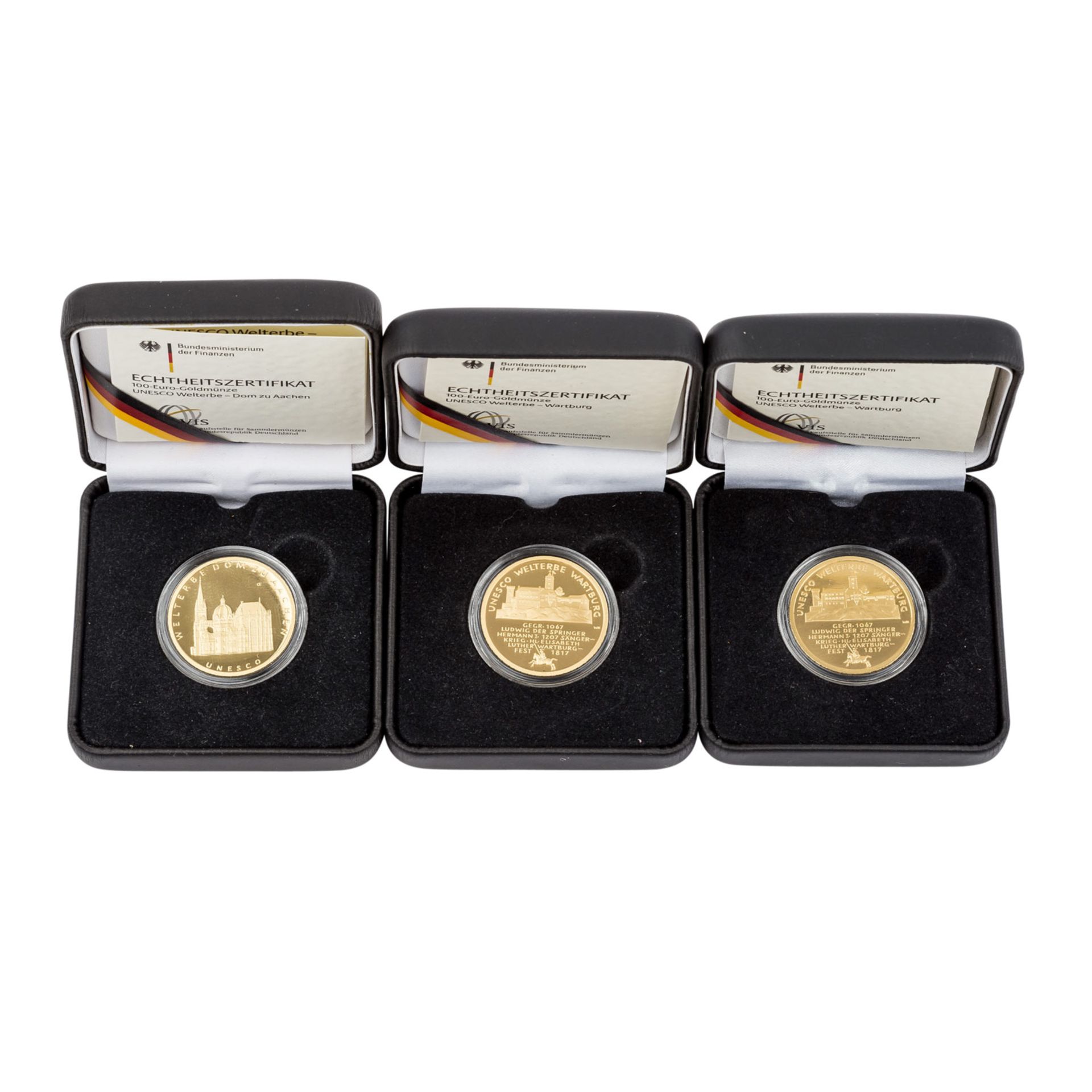 BRD / GOLD - 3 x 100 Euro,2011/F+J Wartburg, 2012/ J Achen, 1,5 Unzen, mit Etui (minimal fleckig)