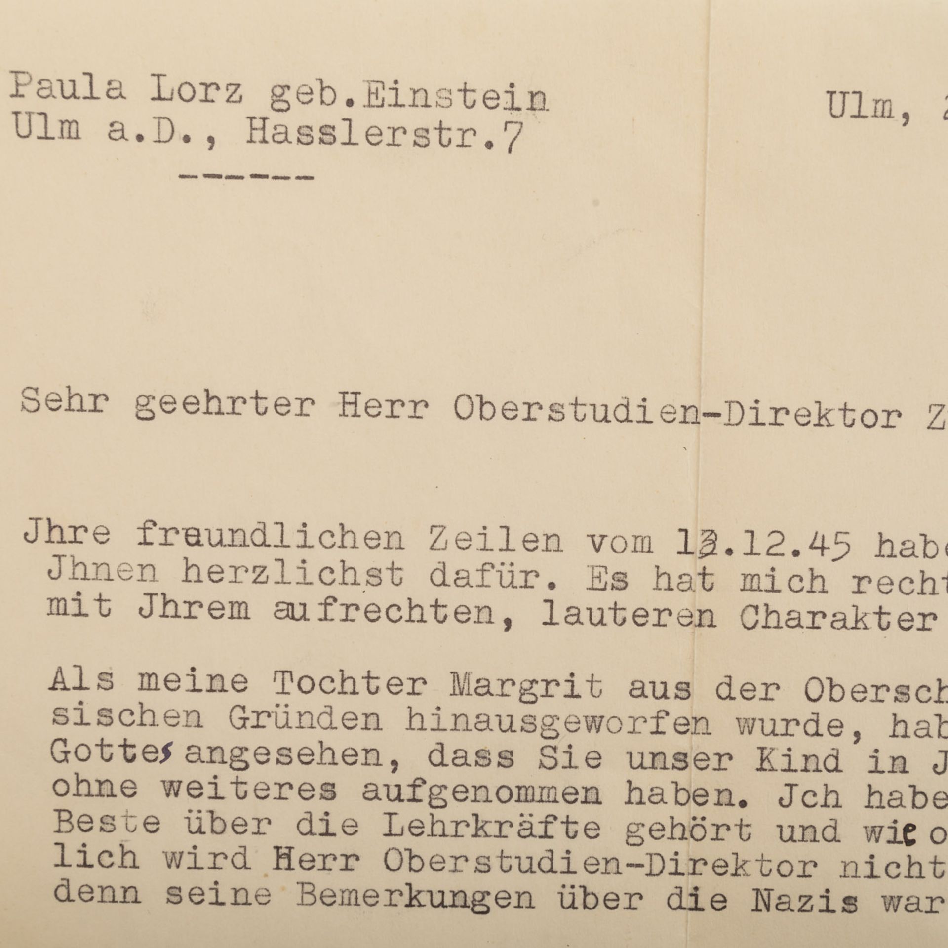 Brief aus der Familie EINSTEIN, verfasst 1945 in Ulmvon PAULA LORZ geb. EINSTEIN. Aus dieser - Bild 2 aus 3