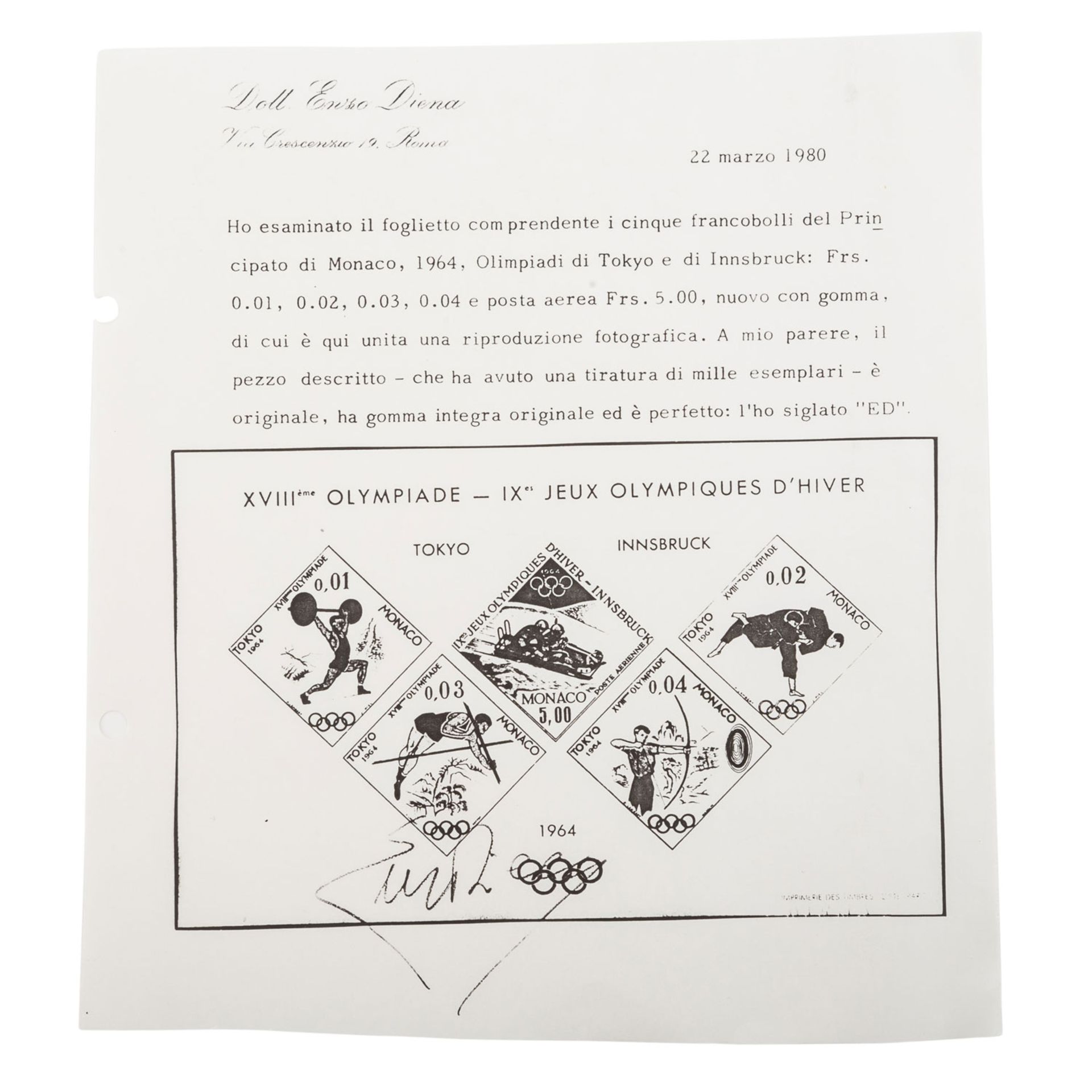 1964 Monaco - Postfrischer Sonderdruck der Mi Nr. 784/88.Olympische Spiele. Zertifikat Diena vom - Bild 2 aus 2