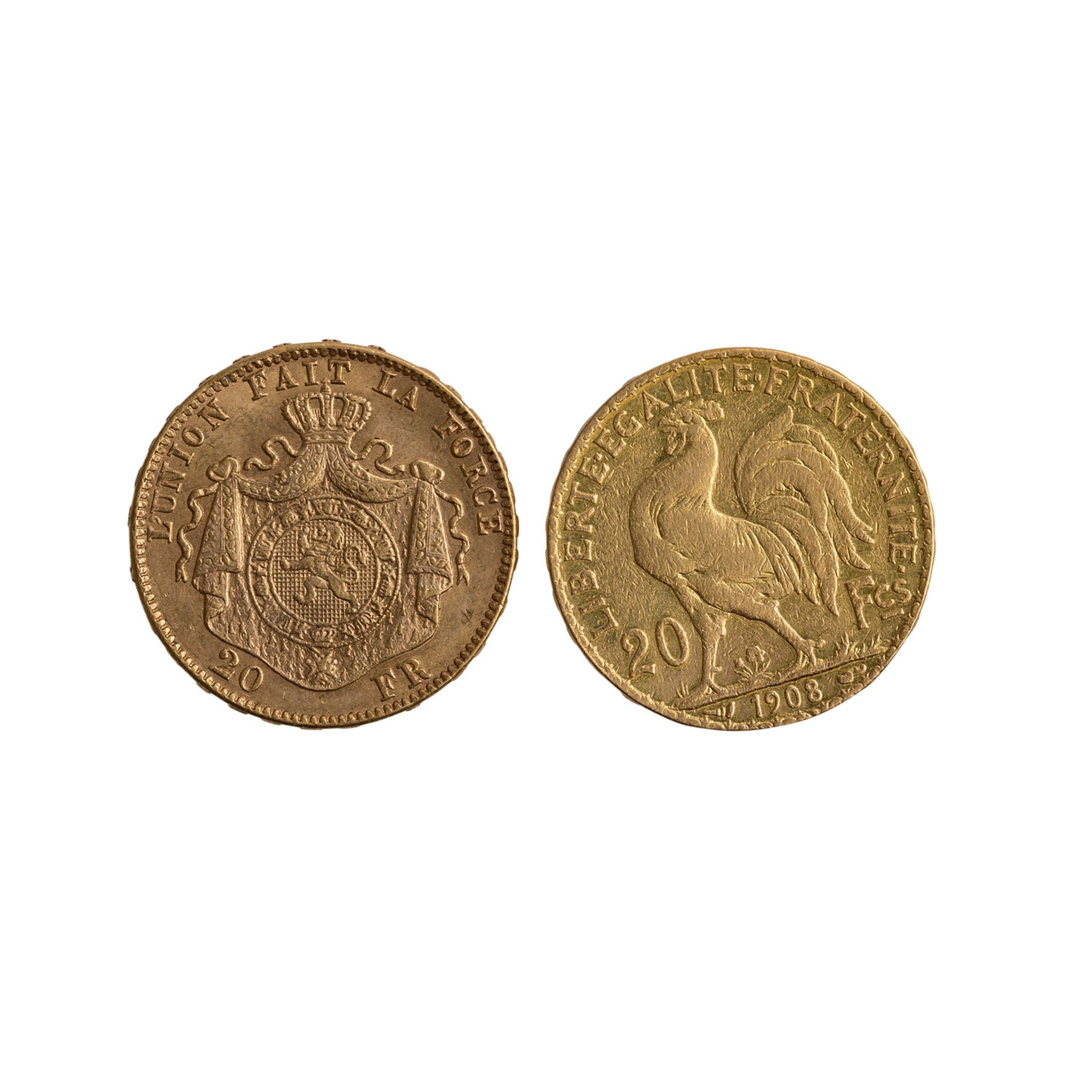 Minikonvolut GOLD Belgien und Frankreich -1 x Frankreich - 20 Francs 1908, Marianne, ss.,