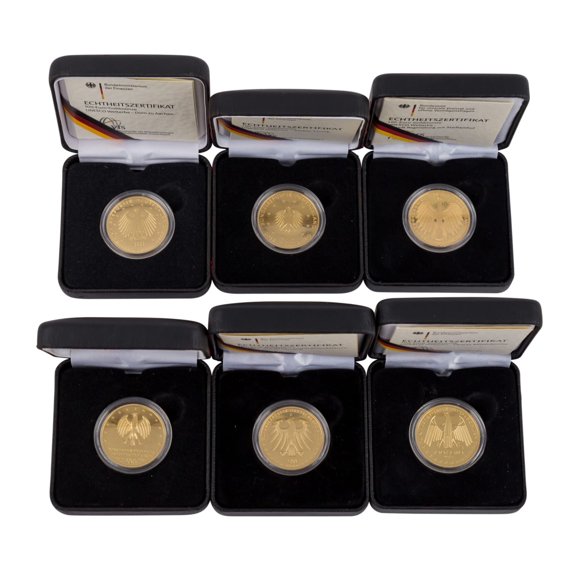 BRD/GOLD - 6 x 100 Euro zu je 1/2 Unze fein,bestehend aus: 2012 J Aachen, 2013 J Dessau-Wörlitz,