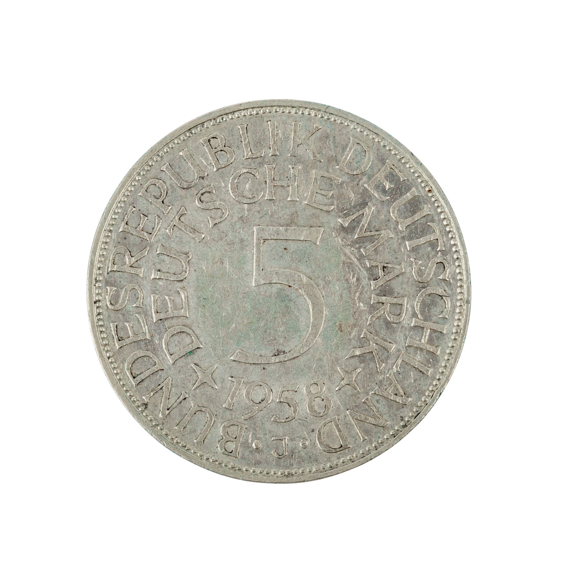 BRD - 5 DM 1958/J, Silberadler, ss/VF,Grünspan/verdigris, Tönung.