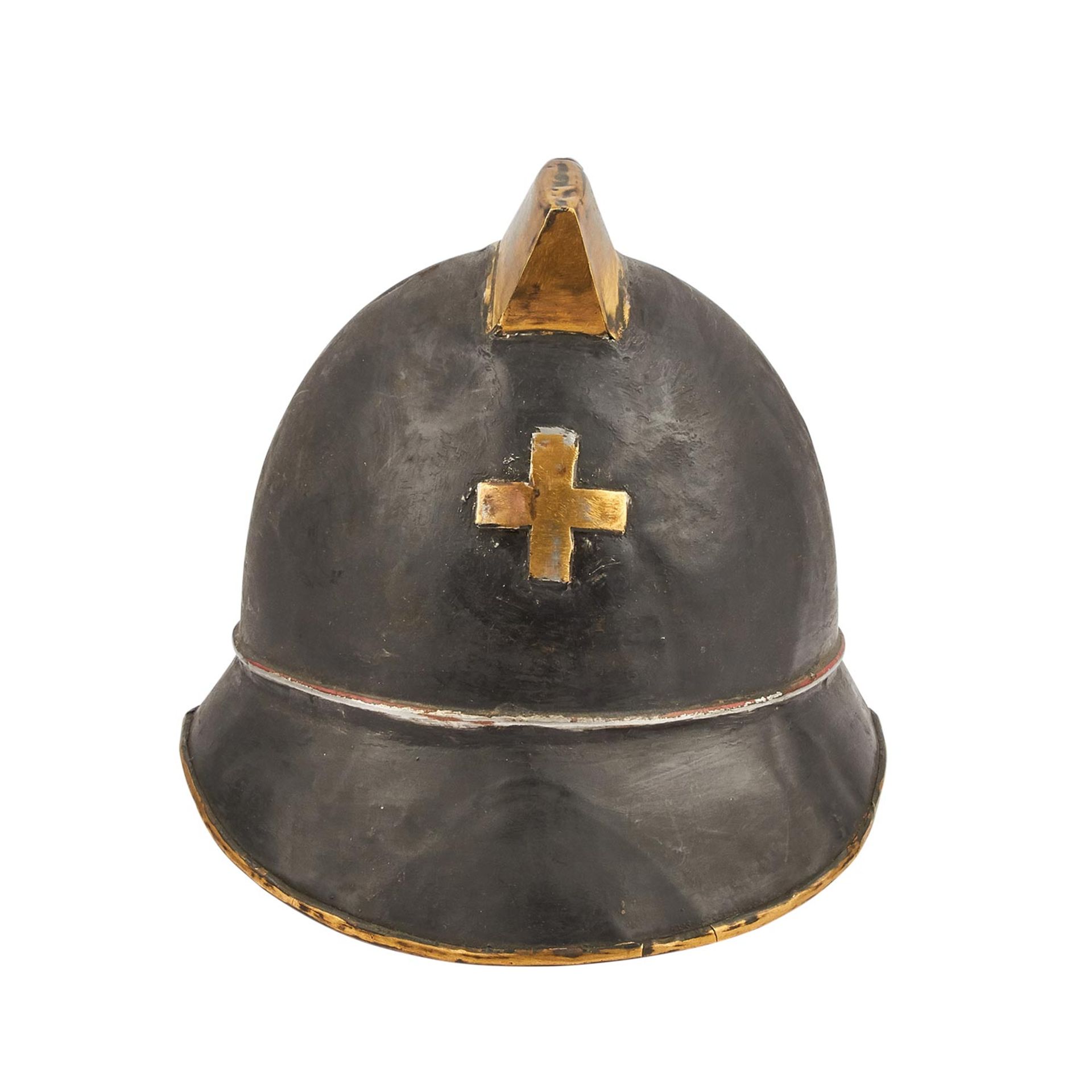 2 Helme - Schweiz und Frankreich. Feuerwehrhelm vermutl. um 1900,partiell restauriert bzw. - Bild 2 aus 15