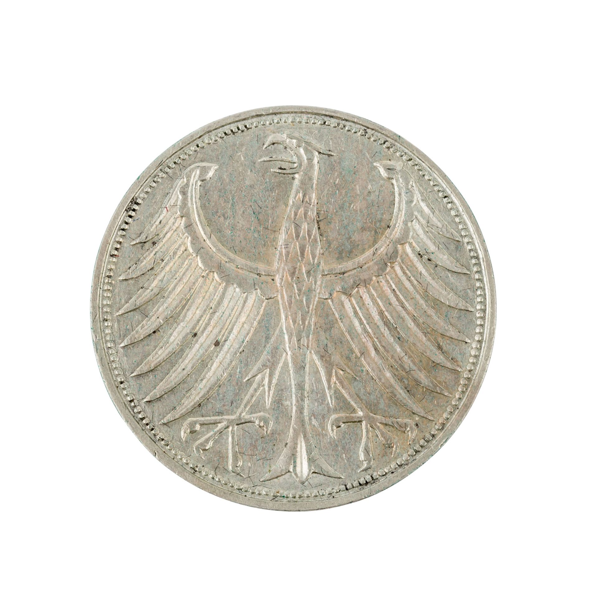 BRD - 5 DM 1958/J, Silberadler, ss/VF,Grünspan/verdigris, Tönung. - Bild 2 aus 2