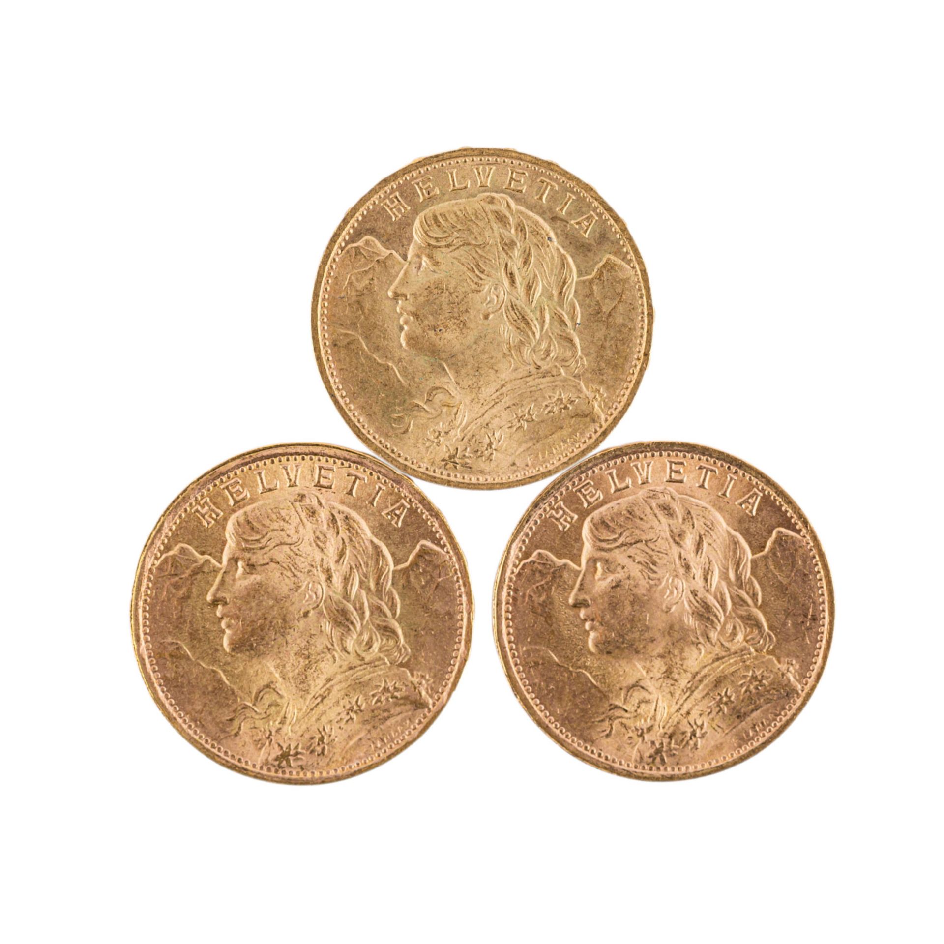 Schweiz/GOLD - 3 x 20 Franken Vreneli,1922 B und 2 x 1935 LB. Je ca. 5,8 g fein. ssSwitzerland/