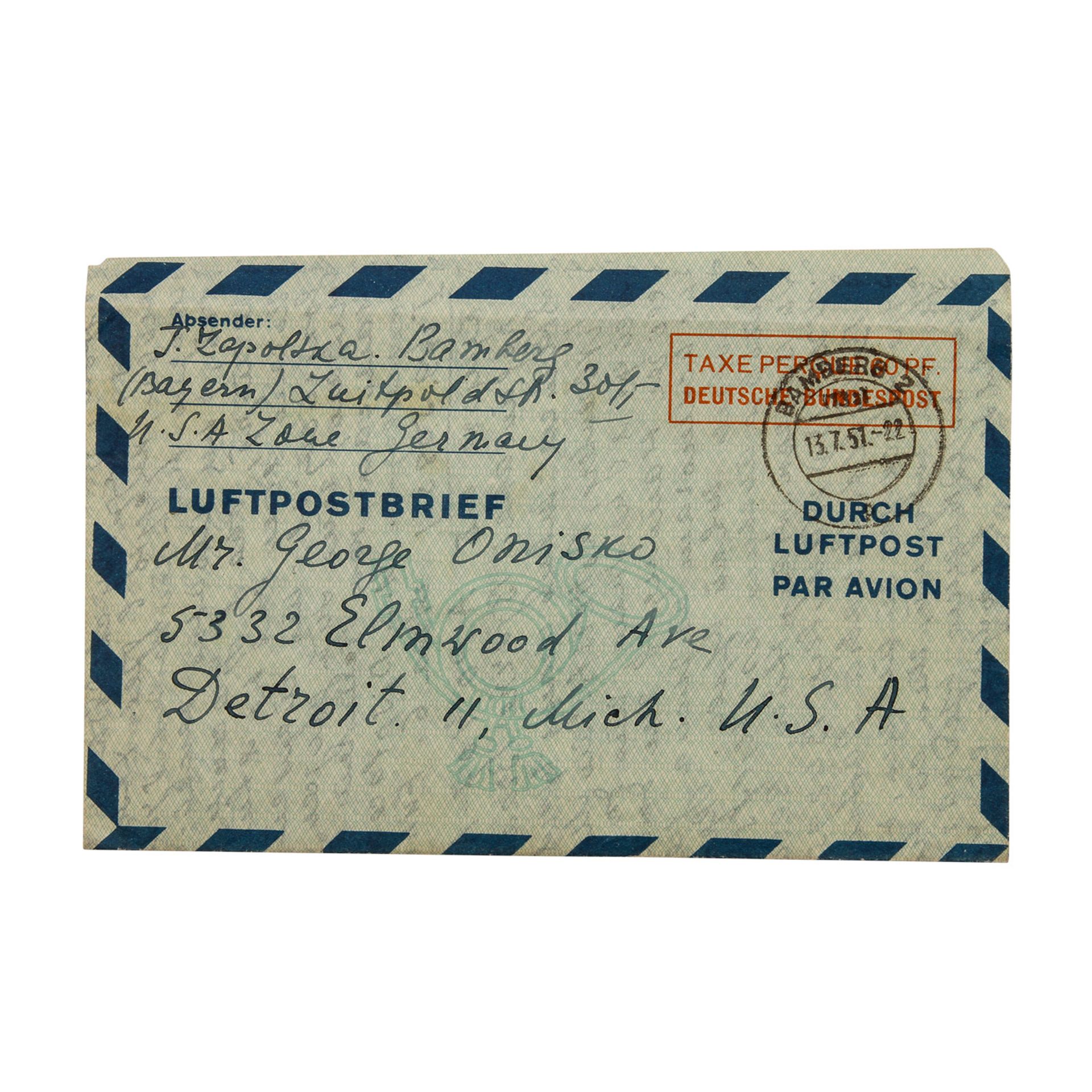 Bund - Luftpostfaltbrief 1950(Mi. Nr. LF5), gebraucht 1951 von "BAMBERG 2" nach Detroit / USA. Etwas
