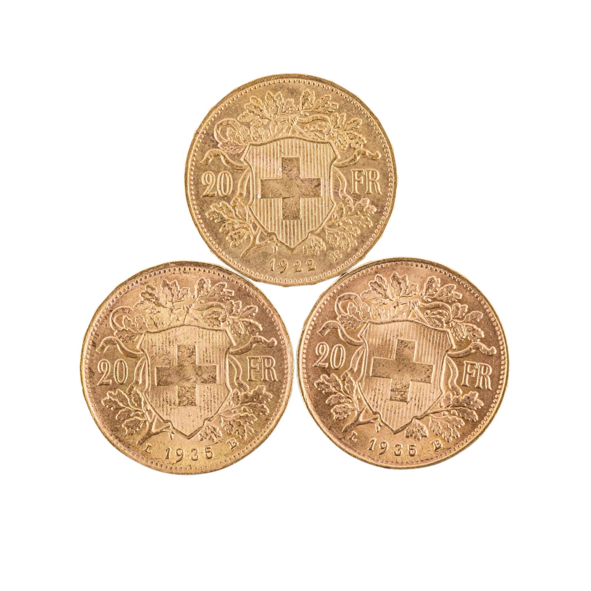 Schweiz/GOLD - 3 x 20 Franken Vreneli,1922 B und 2 x 1935 LB. Je ca. 5,8 g fein. ssSwitzerland/ - Bild 2 aus 2