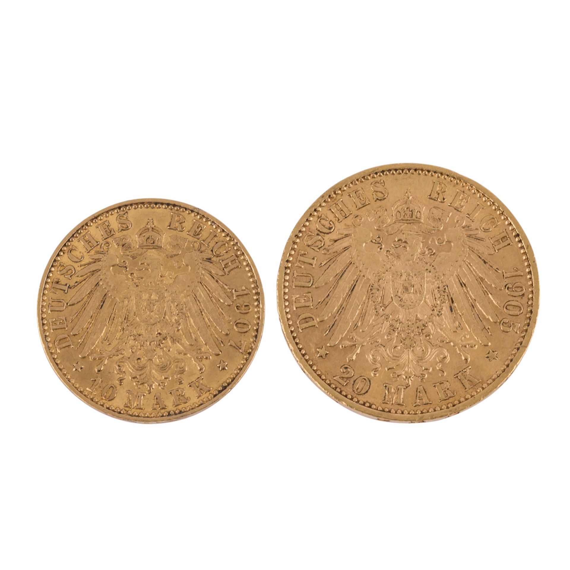 Sachsen/GOLD - Konvolut: 10 Mark 1907 E Friedrich August III.und 20 Mark 1905 E Friedrich August - Bild 2 aus 2