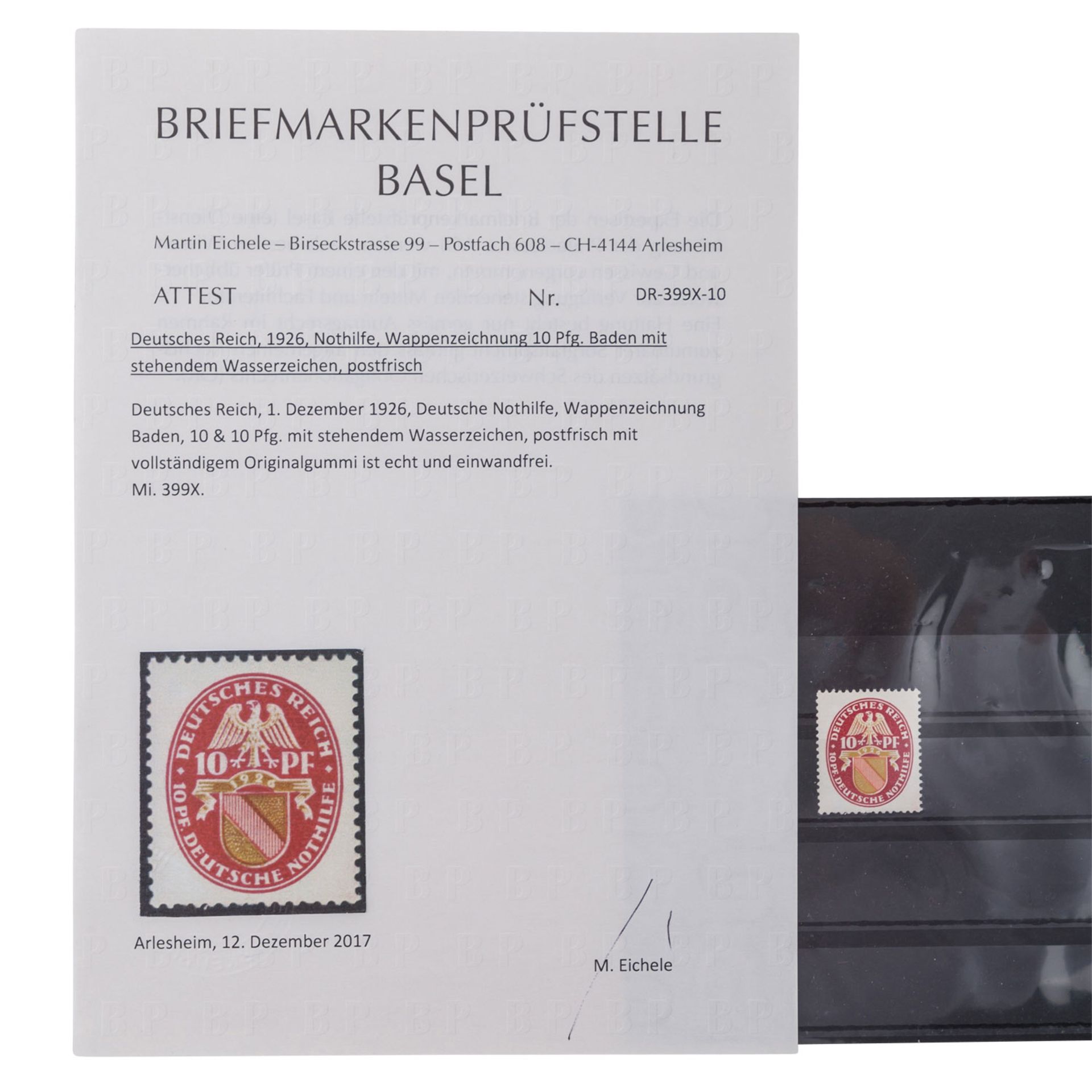 Deutsches Reich 1926 Nothilfe,Wappenzeichnung 10 Pf. Baden mit stehendem Wasserzeichen, postfrisch