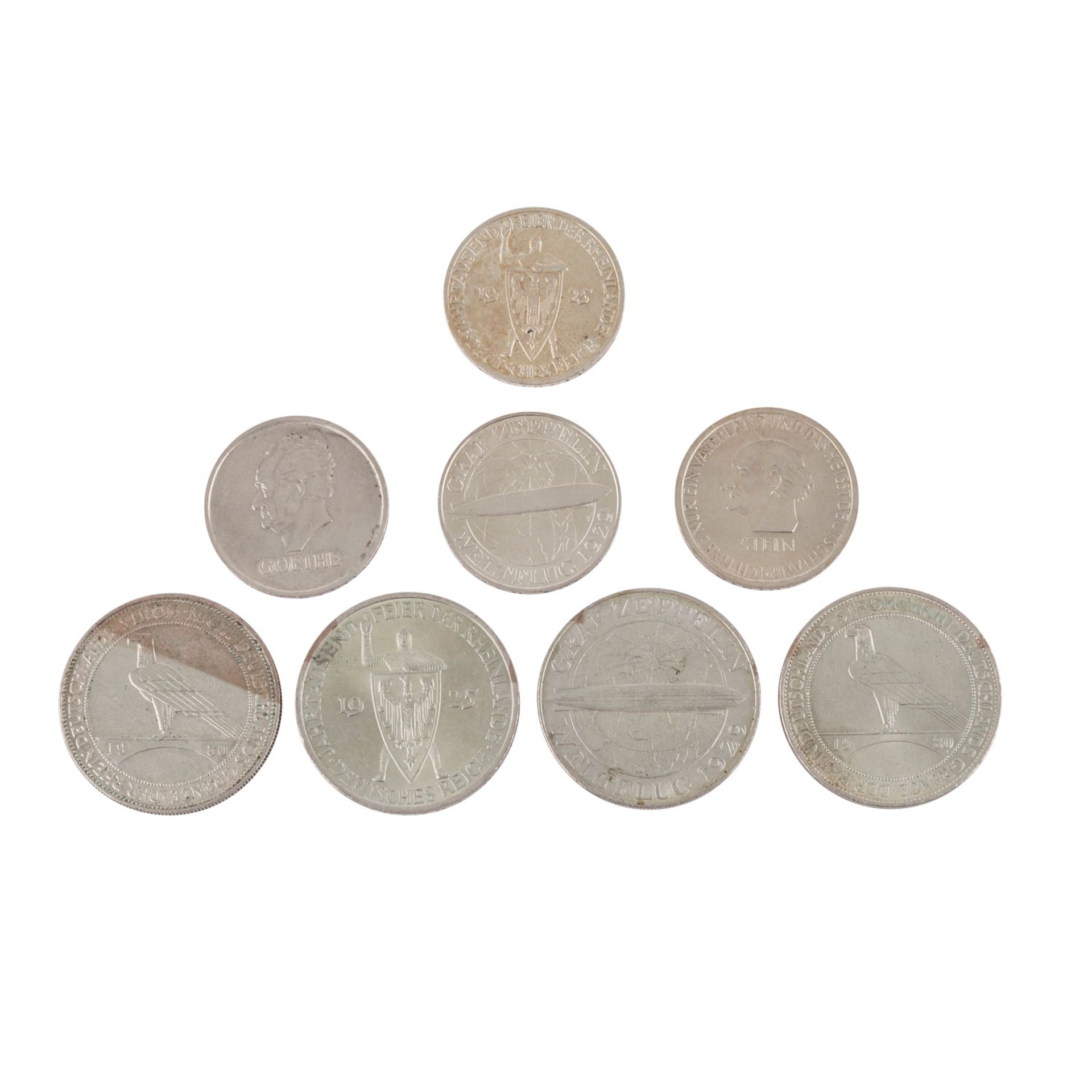 Weimarer Republik - Lot aus 8 Münzen wie folgt3 Reichsmark 1925 G und 5 Reichsmark 1925 A