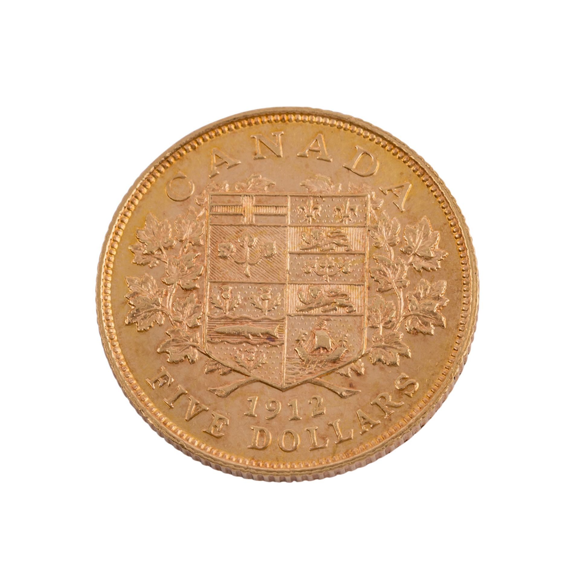 Kanada - 5 Dollars 1912, Georg V.,ca. 7,52 g fein, ssCanada - 5 Dollars 1912, George V., ca. 7.52 - Bild 2 aus 2