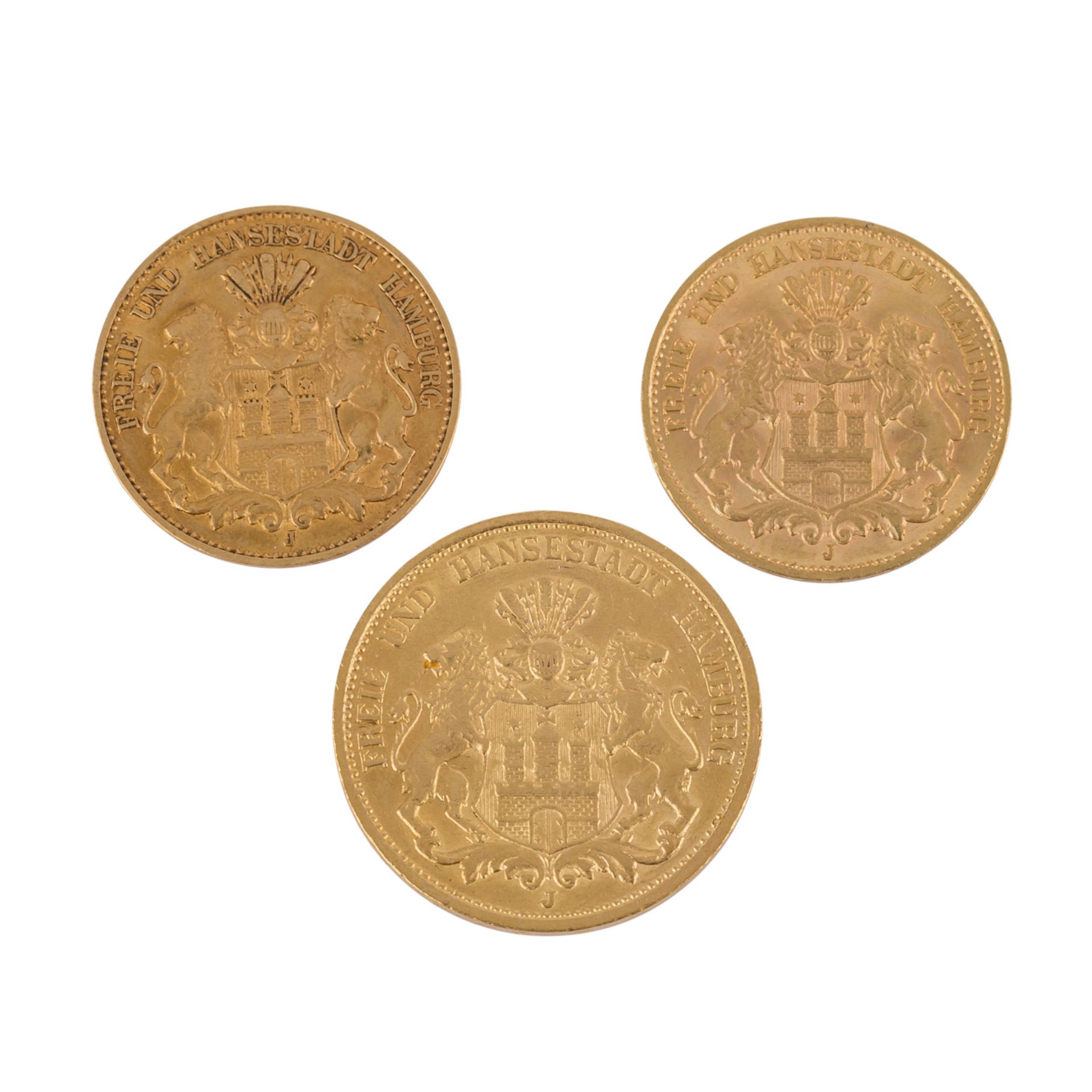 Hamburg/GOLD - Konvolut: 10 Mark 1903 J,10 Mark 1911 J und 20 Mark 1893 J. Verschiedene Erhaltungen,