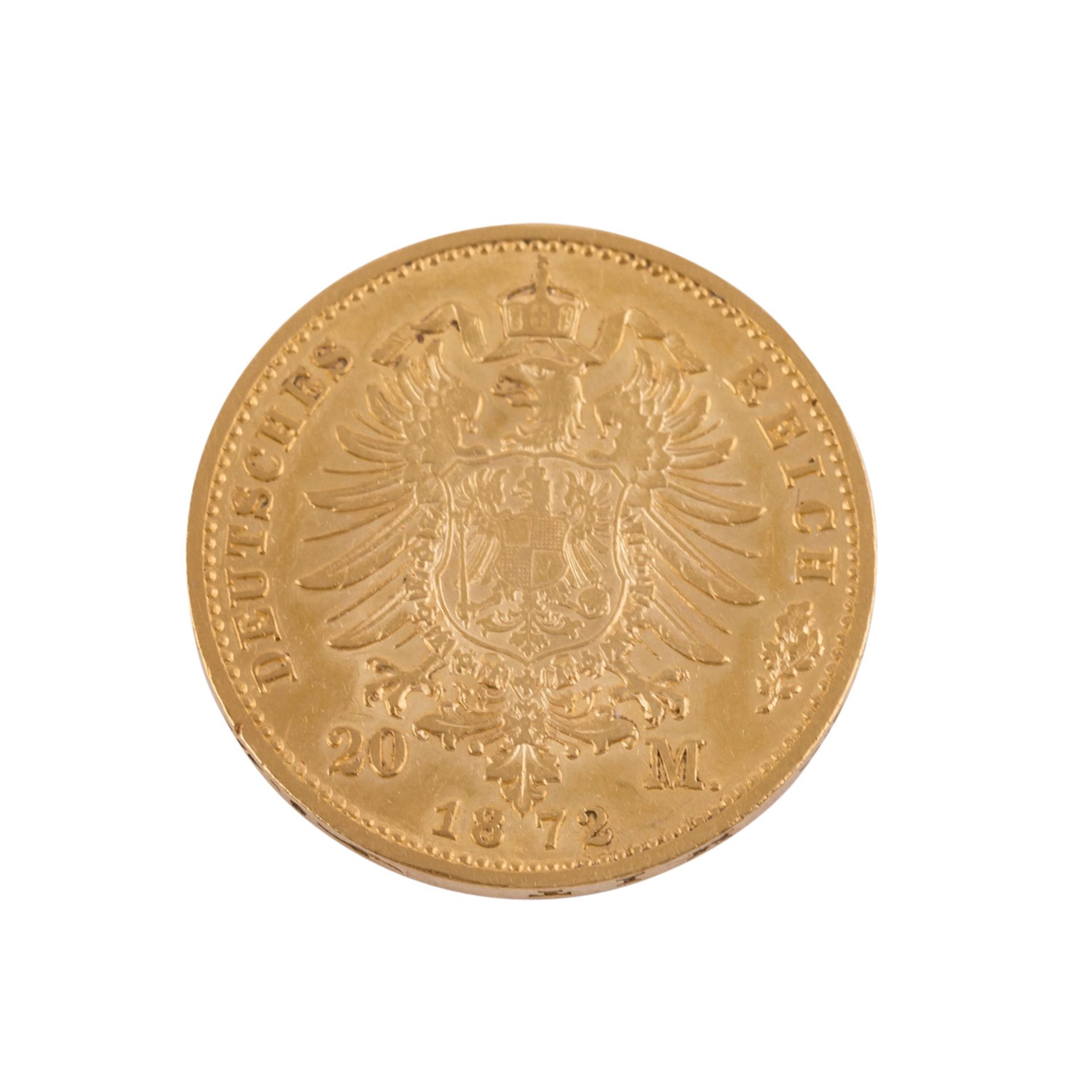 Württemberg/GOLD - 20 Mark 1872 F,König Karl, ca. 7,16 g fein, ssWurttemberg/GOLD - 20 Mark 1872 - Bild 2 aus 2