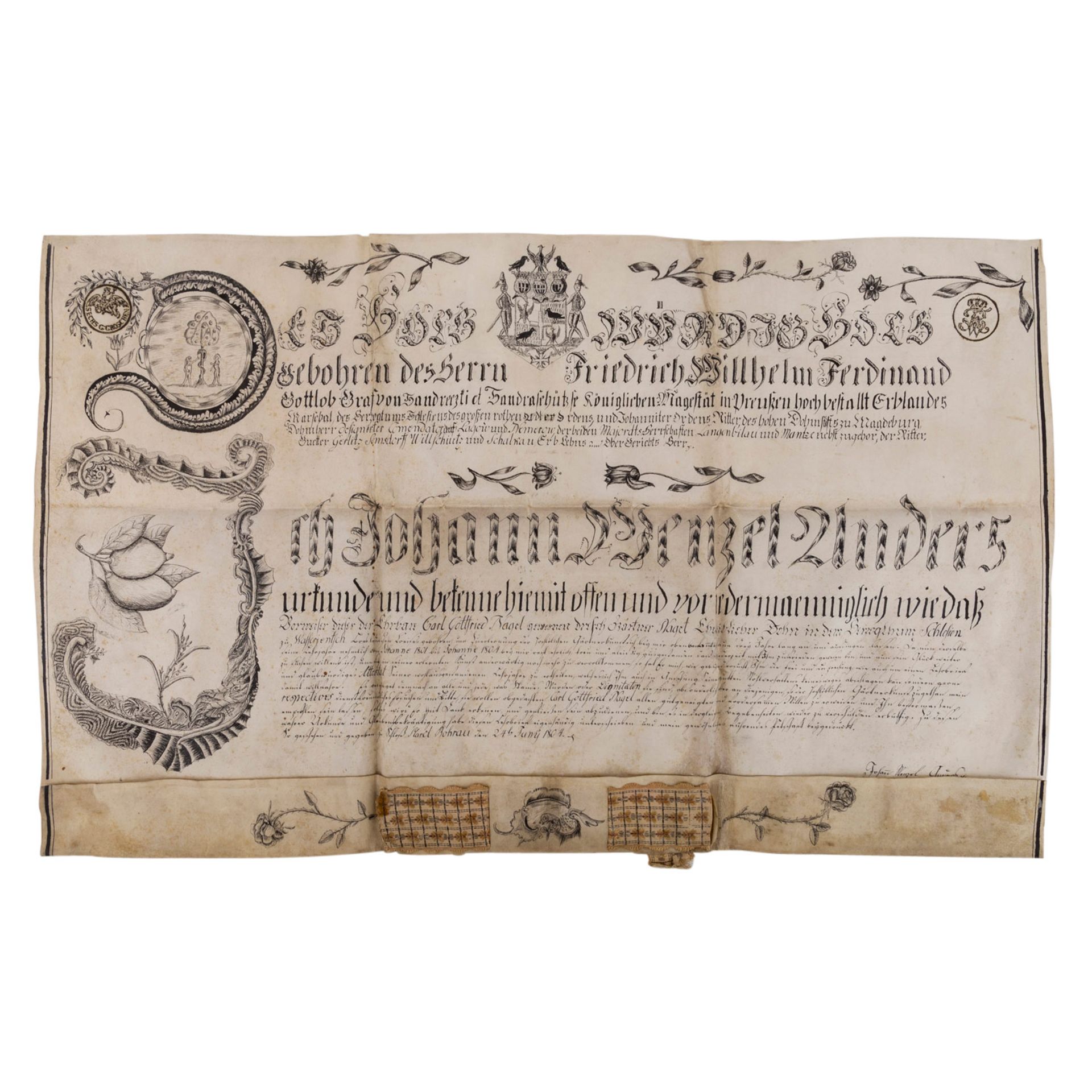 Lehrbrief von Schloß Markt Rohrau 1804 des JohannWenzel Anders für Carl Gottfried Nagel aus dedm