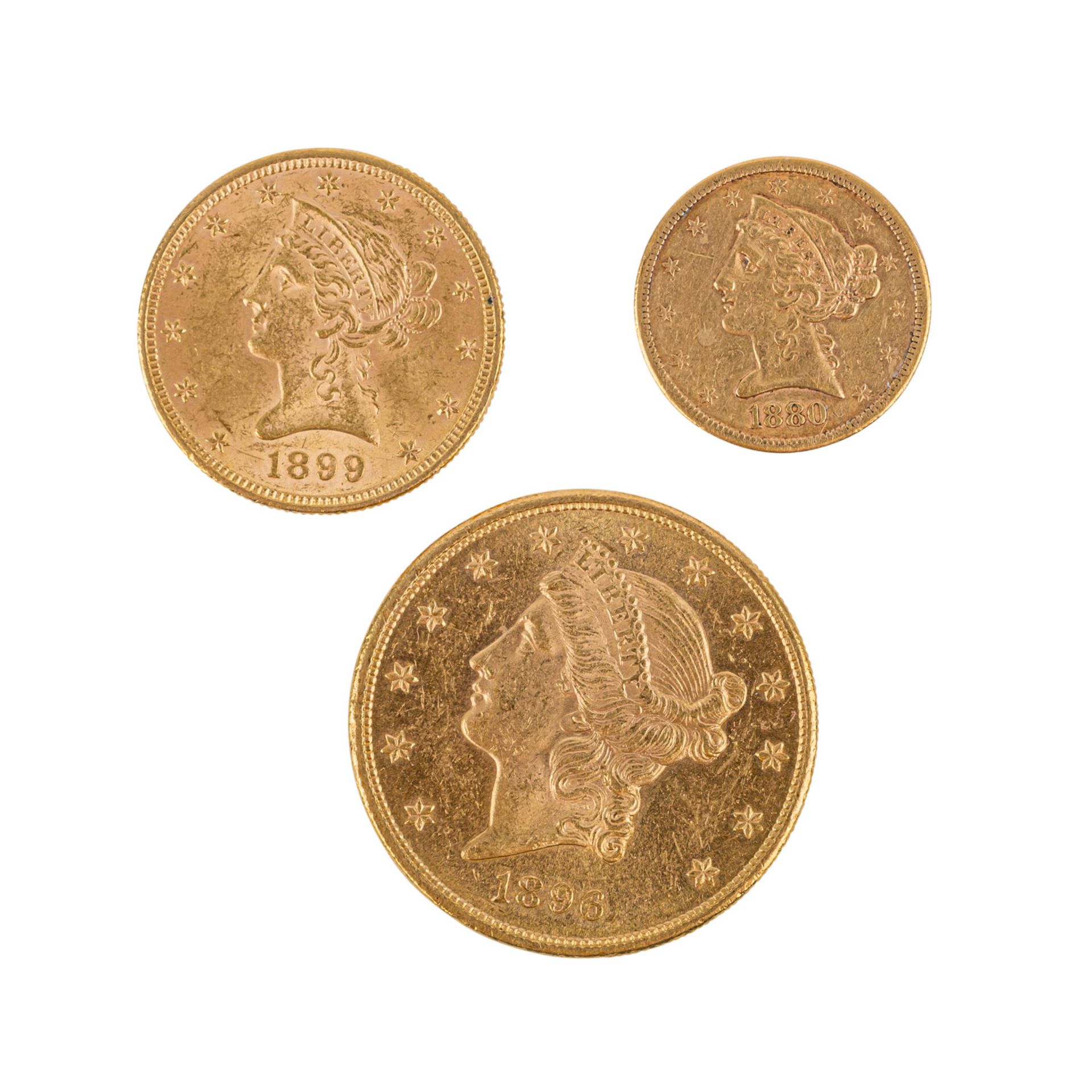 USA/GOLD - 20 Dollars 1896 Liberty Head, 10 Dollars1899 Liberty Head und 5 Dollars 1880 Liberty - Bild 2 aus 2