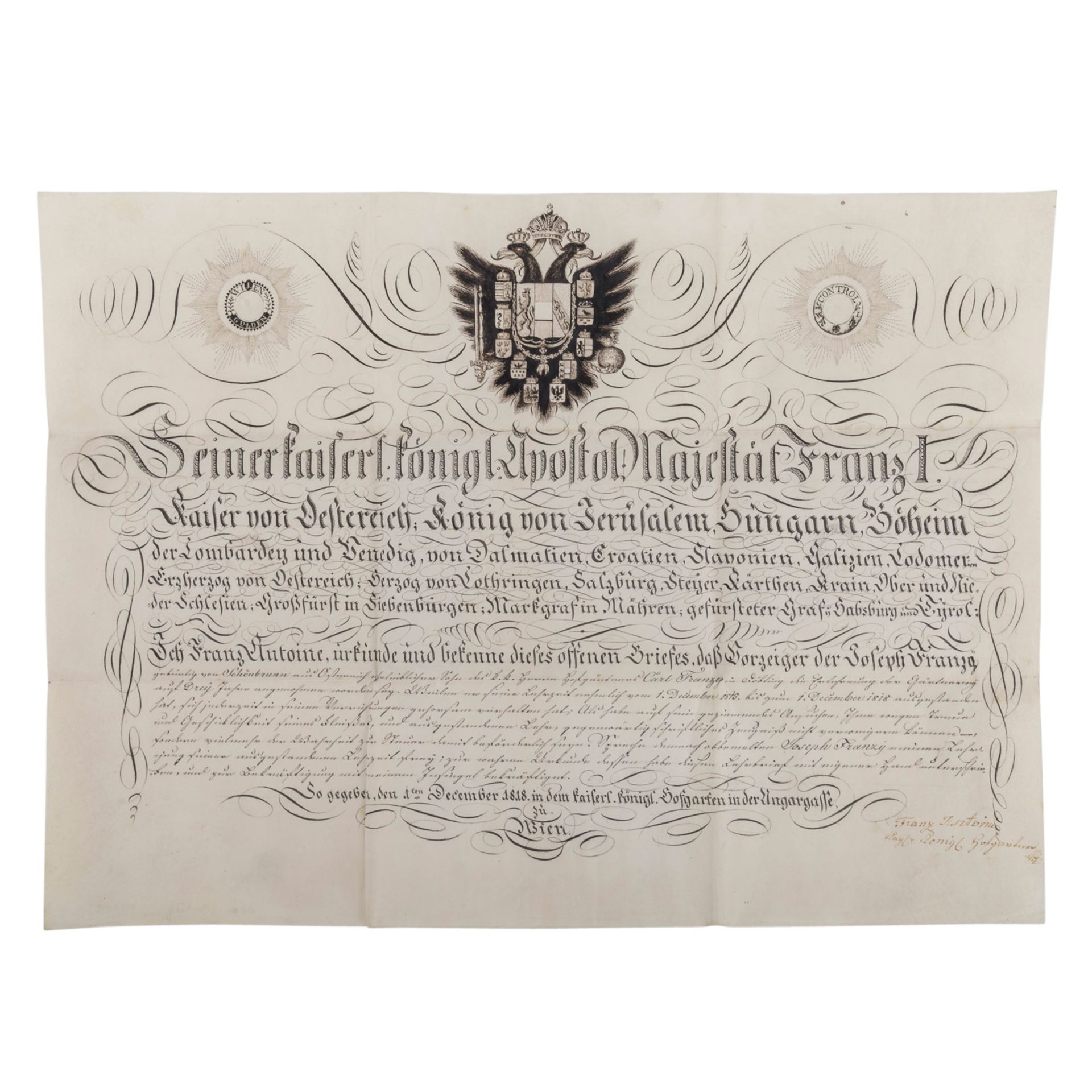 Lehrbrief von 1818 des k. u. k. Hofgärtners in Wienin der Ungarngasse Franz Antoine an Joseph - Bild 2 aus 3