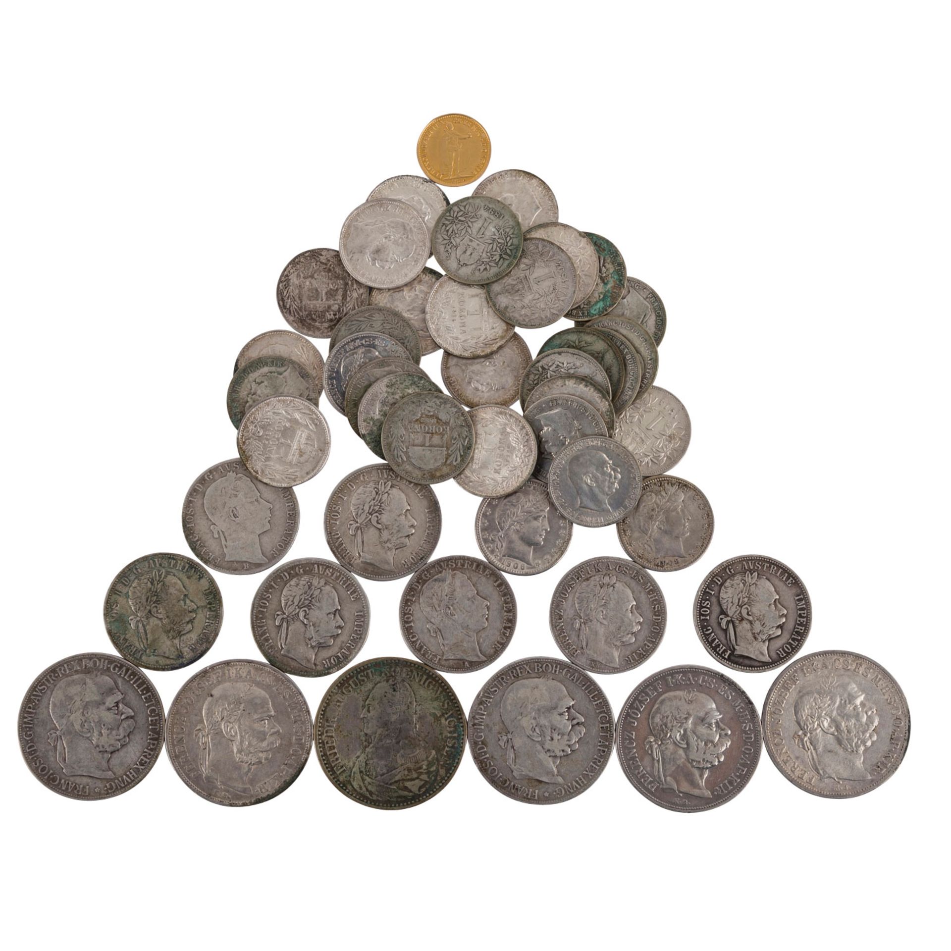 Konvolut aus Silbermünzen, dazu etwas Gold –hauptsächlich aus Doppelmonarchie Österreich-Ungarn,