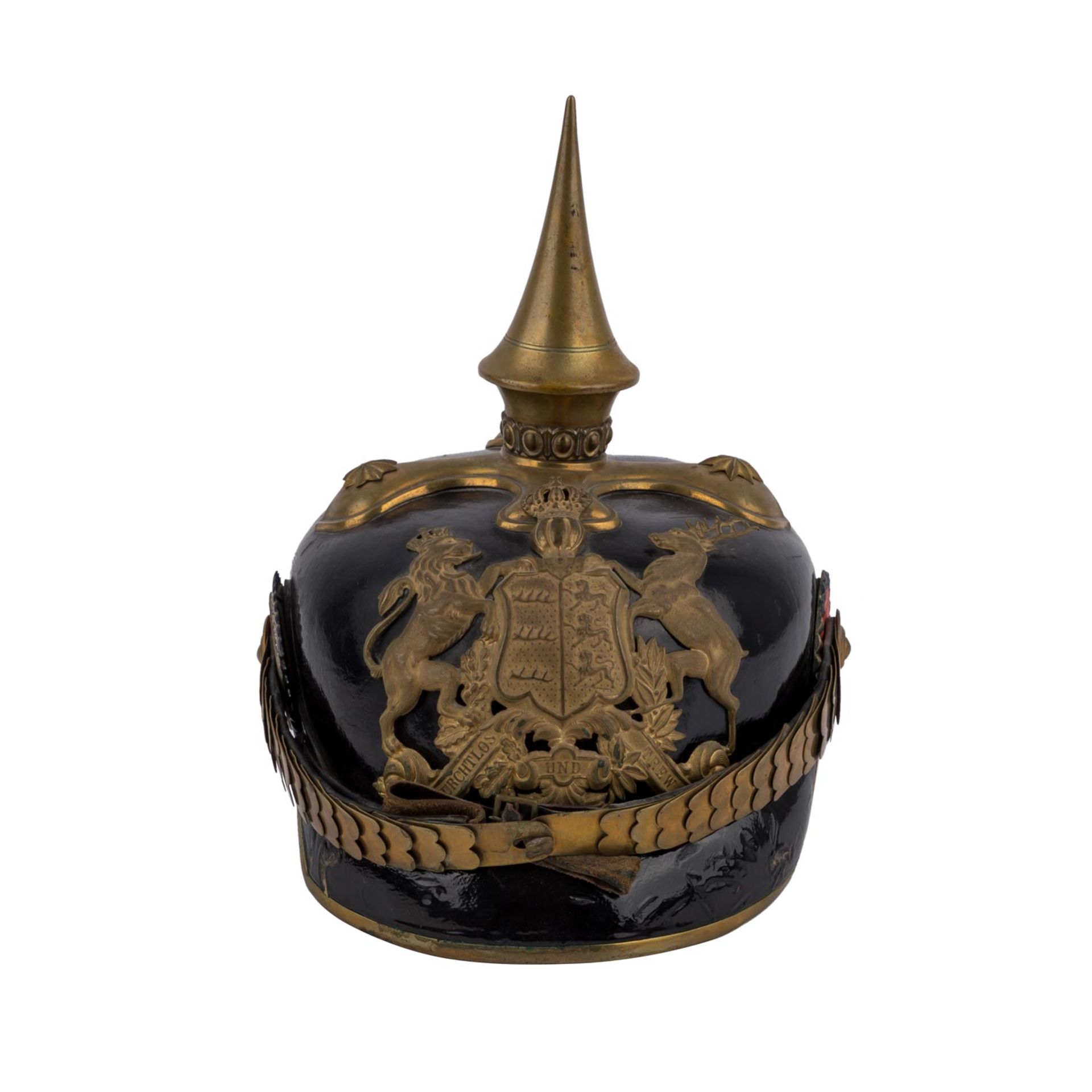 Württemberg - Pickelhaube FURCHTLOS UND TREW,im Koffer, an Schuppenkette, Kokarden, nur partiell - Bild 5 aus 6