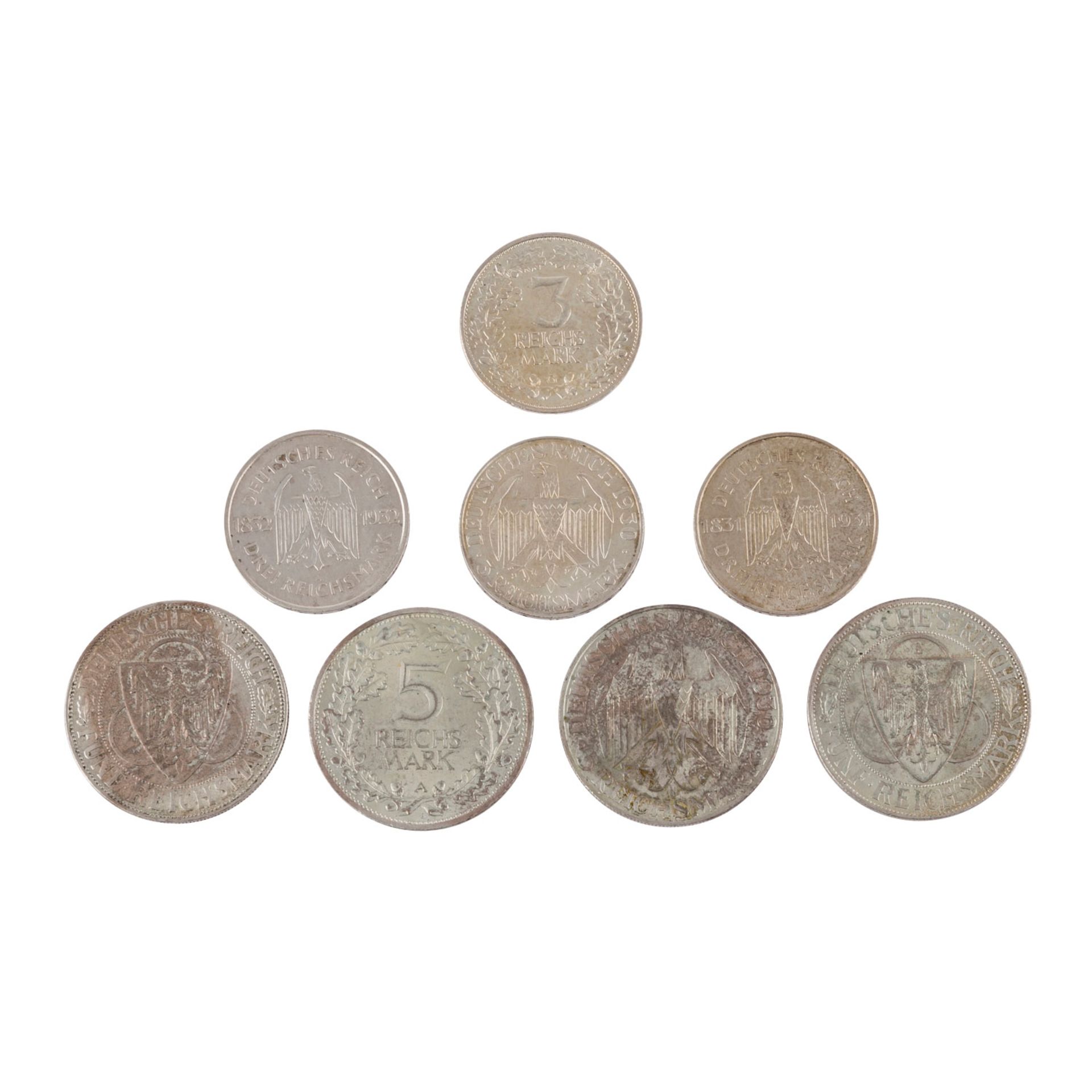 Weimarer Republik - Lot aus 8 Münzen wie folgt3 Reichsmark 1925 G und 5 Reichsmark 1925 A - Bild 2 aus 2