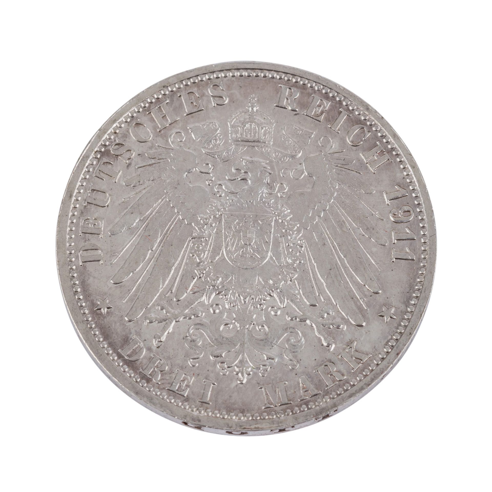 Württemberg - 3 Mark 1911 F, hoher Querstrich im H,Silberhochzeit Wilhelm II. und Charlotte. J. - Bild 2 aus 2