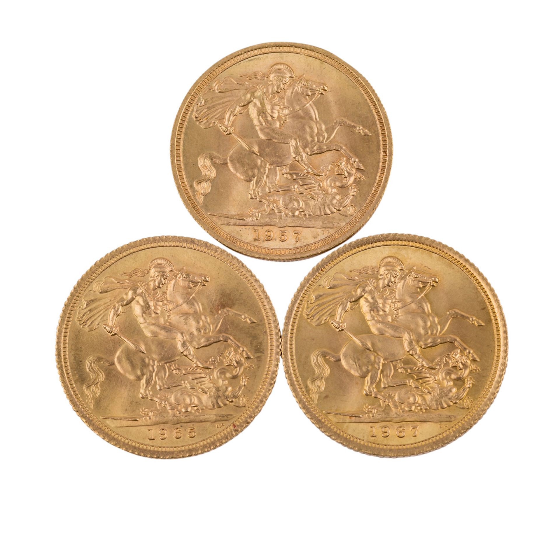 3-teiliges GOLDkonvolut GB -3 x GB - 1 Sovereign 1957/ 1965/ 1967, Elizabeth II. mit Schleife, ss- - Bild 2 aus 2